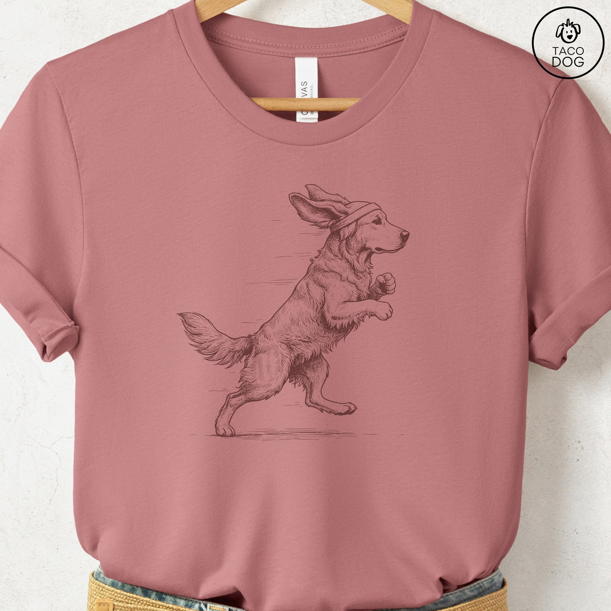 Golden Retriever Jogging Runner T-Shirt Heather Mauve Taco-Dog