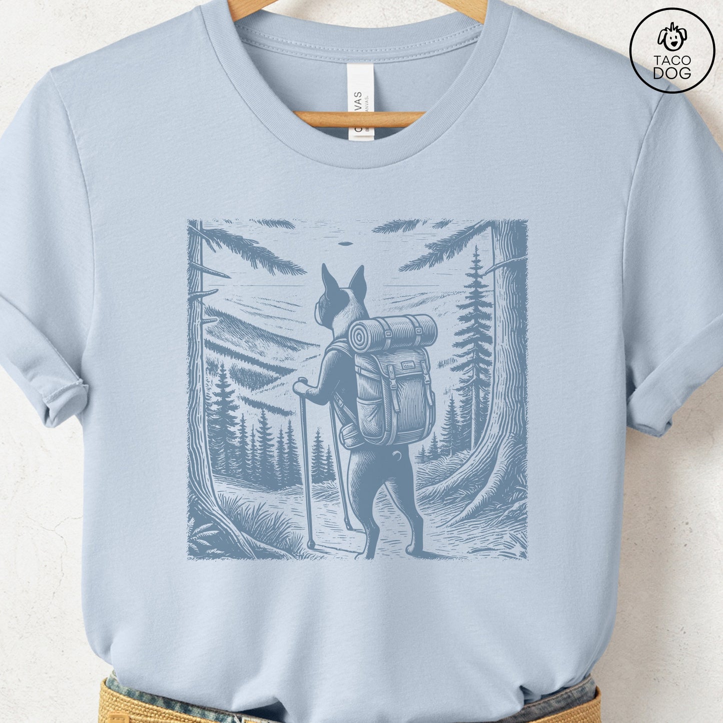 Boston Terrier Hiking T-Shirt Light Blue Taco-Dog