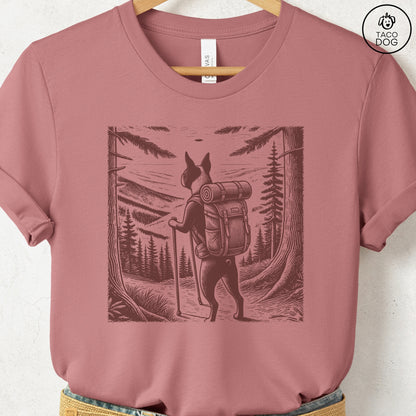 Boston Terrier Hiking T-Shirt Heather Mauve Taco-Dog