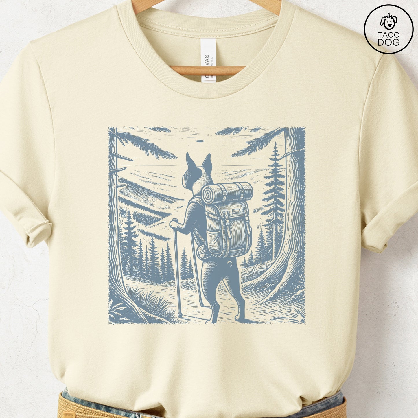 Boston Terrier Hiking T-Shirt Natural Taco-Dog