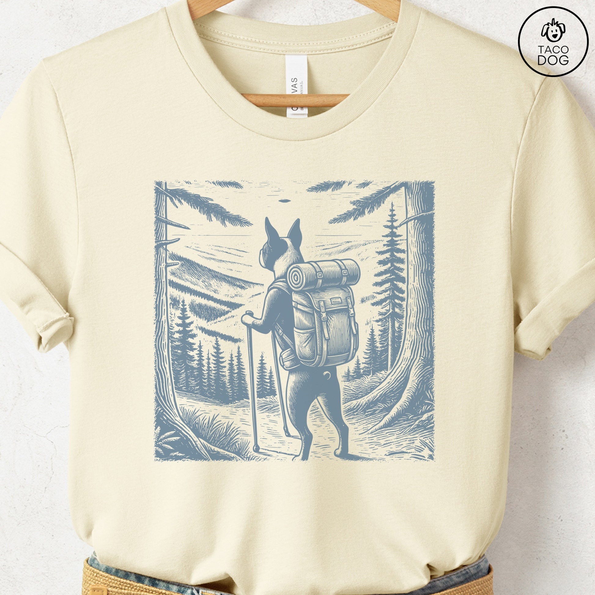 Boston Terrier Hiking T-Shirt Natural Taco-Dog