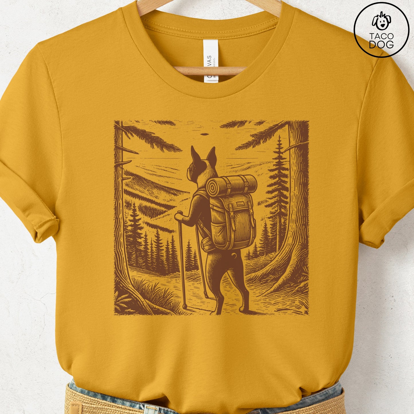 Boston Terrier Hiking T-Shirt Mustard Taco-Dog