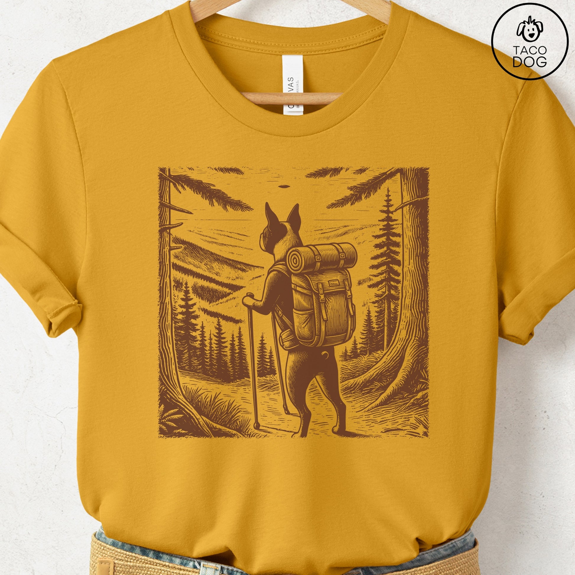 Boston Terrier Hiking T-Shirt Mustard Taco-Dog