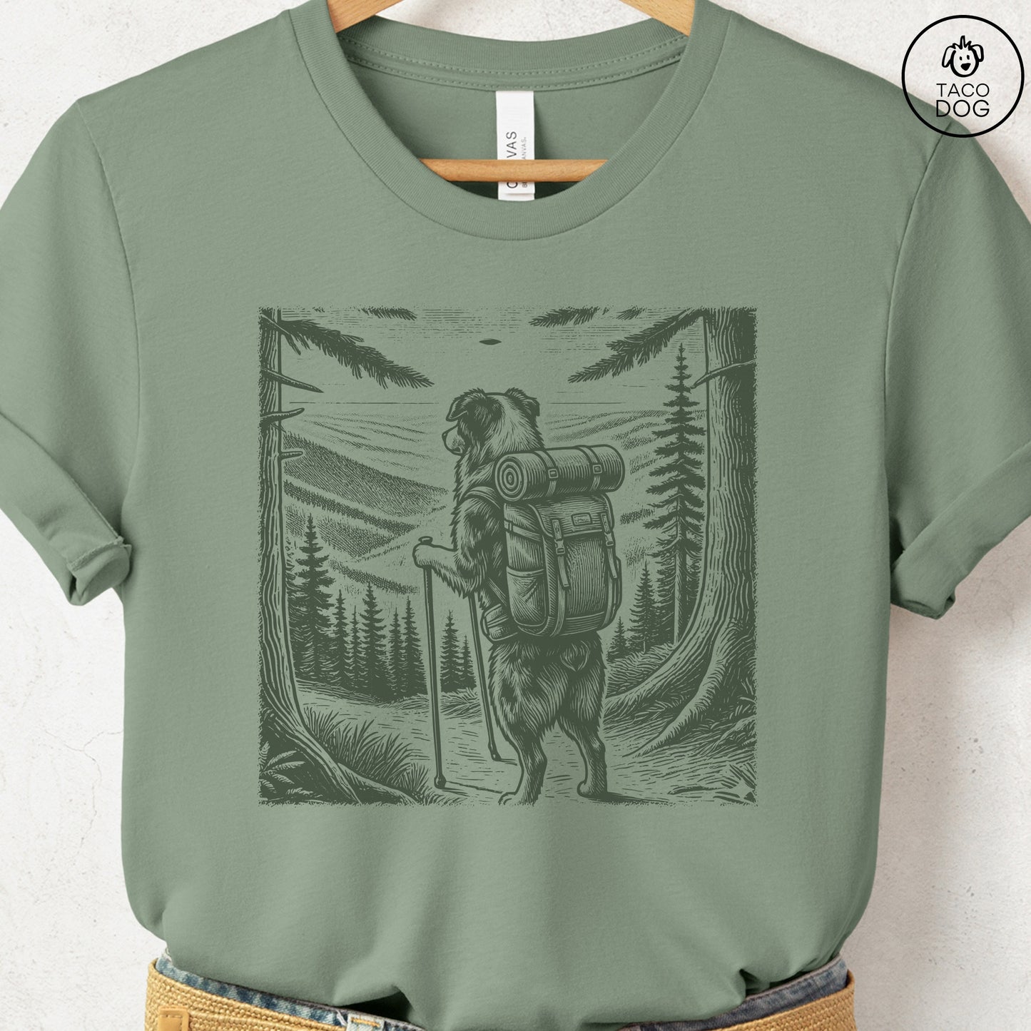 Australian Shepherd Aussie Hiking T-Shirt Sage