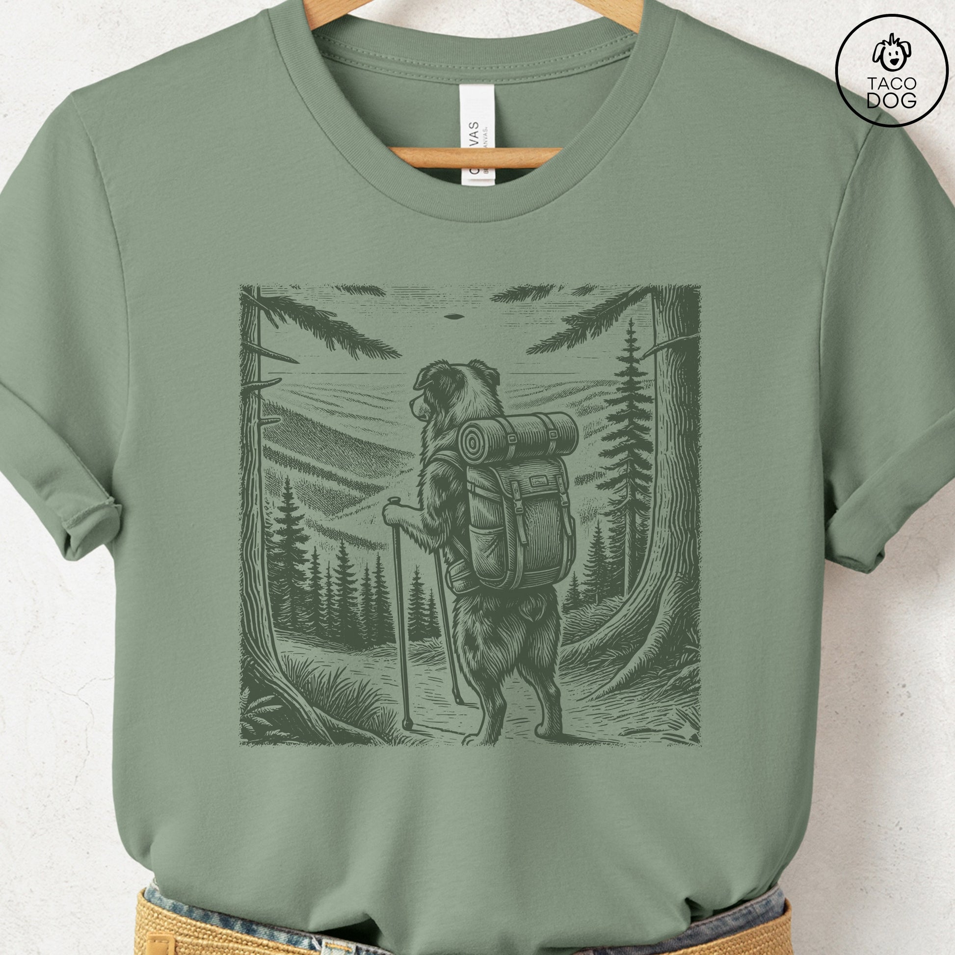 Australian Shepherd Aussie Hiking T-Shirt Sage