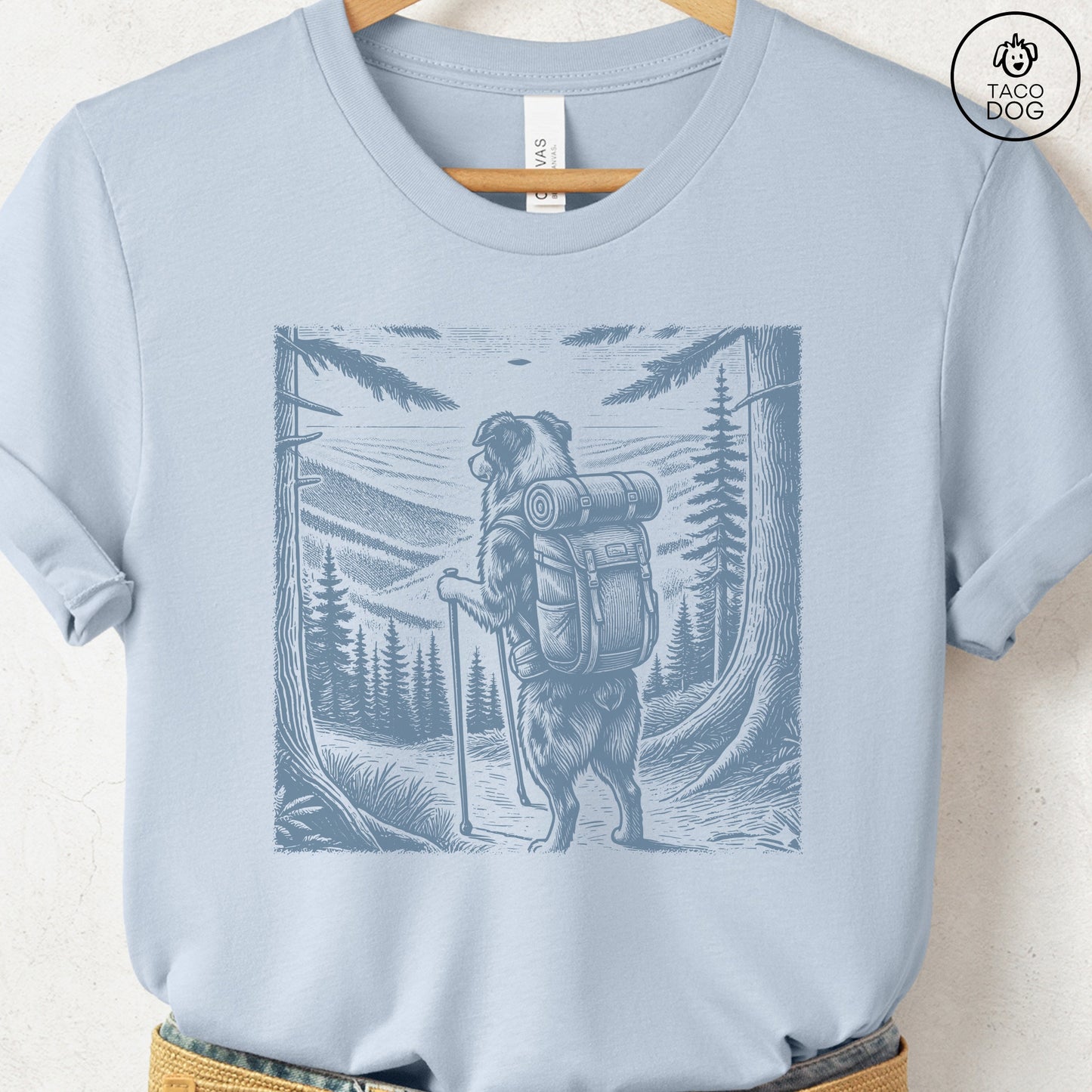 Australian Shepherd Aussie Hiking T-Shirt Light Blue