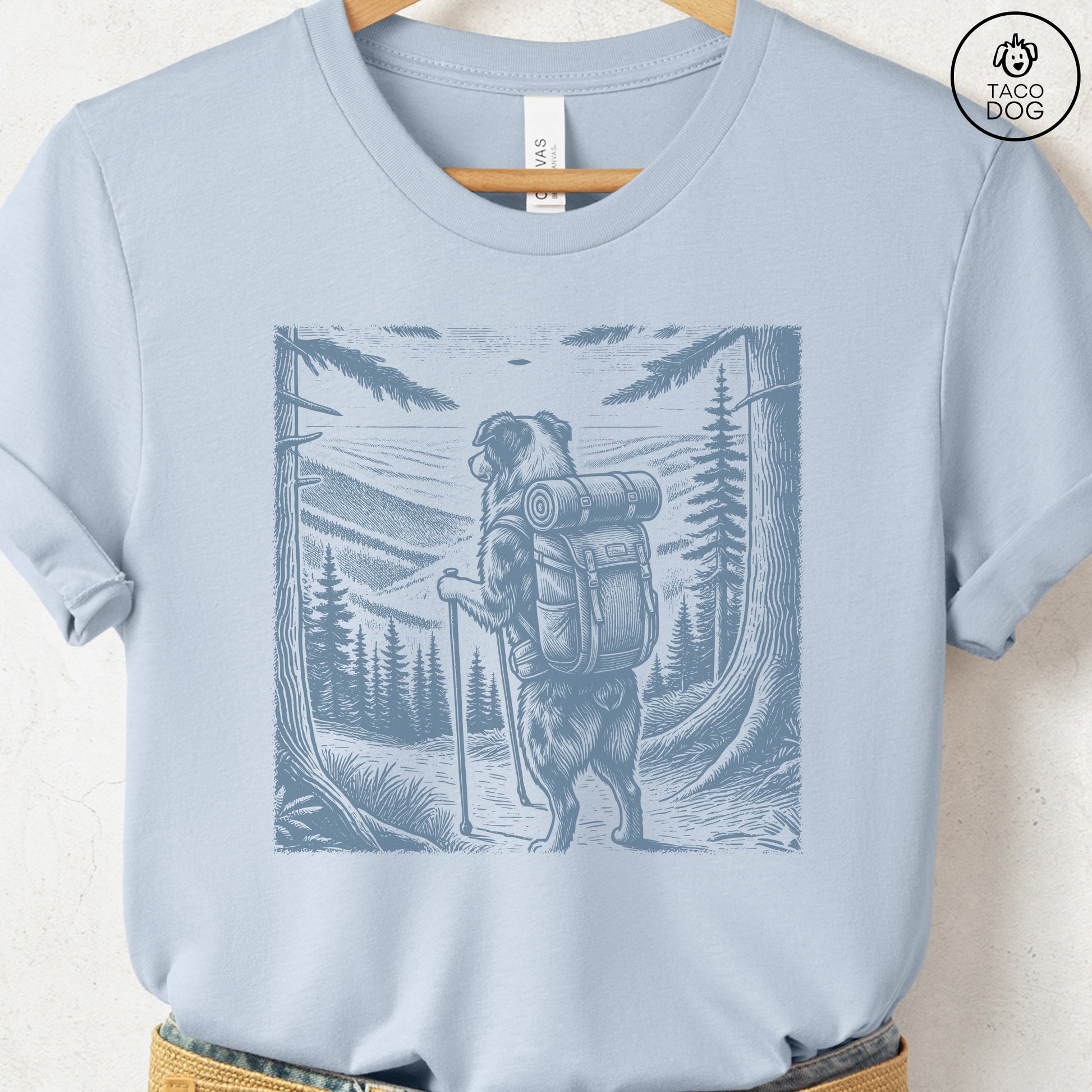 Australian Shepherd Aussie Hiking T-Shirt Light Blue