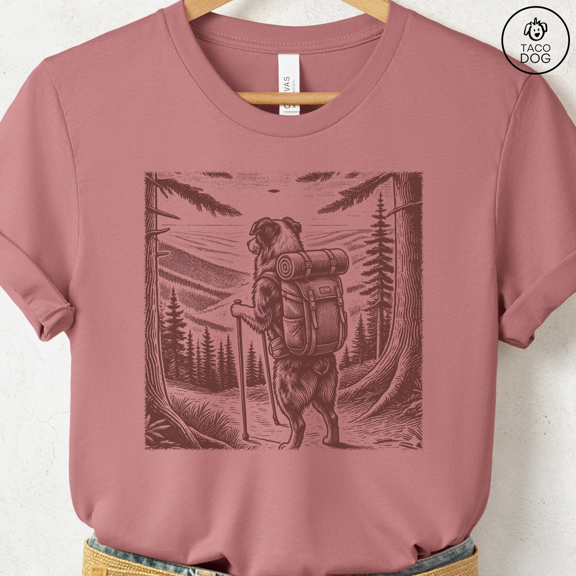 Australian Shepherd Aussie Hiking T-Shirt Heather Mauve