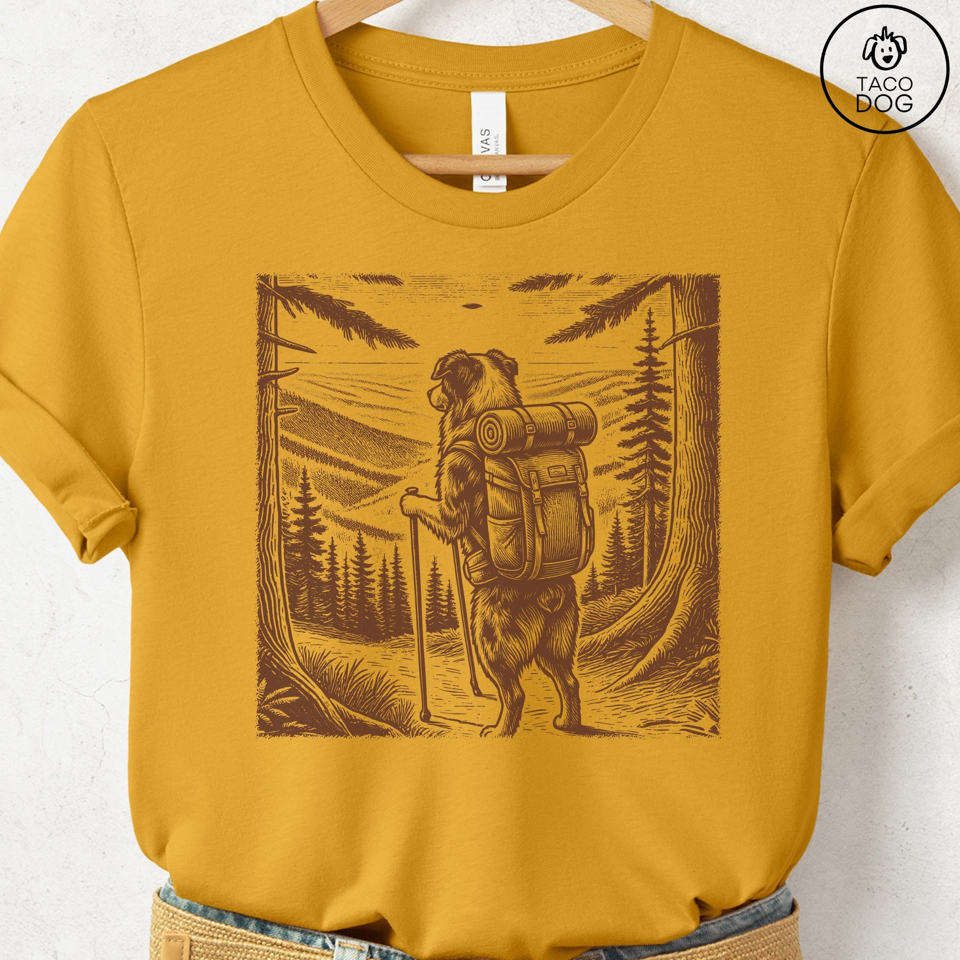 Australian Shepherd Aussie Hiking T-Shirt Mustard