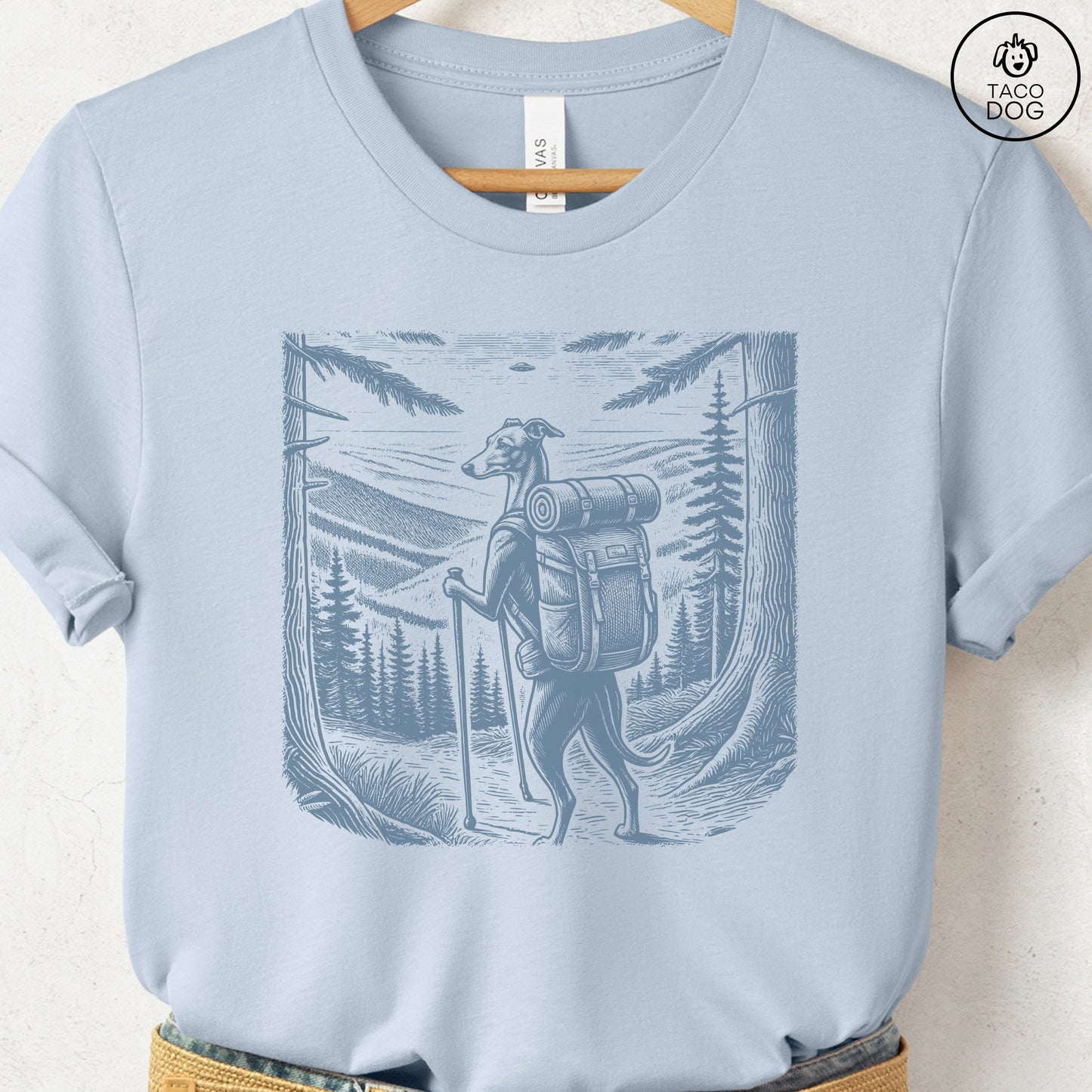 Italian Greyhound Whippet Iggy Hiking T-Shirt Light Blue Taco-Dog
