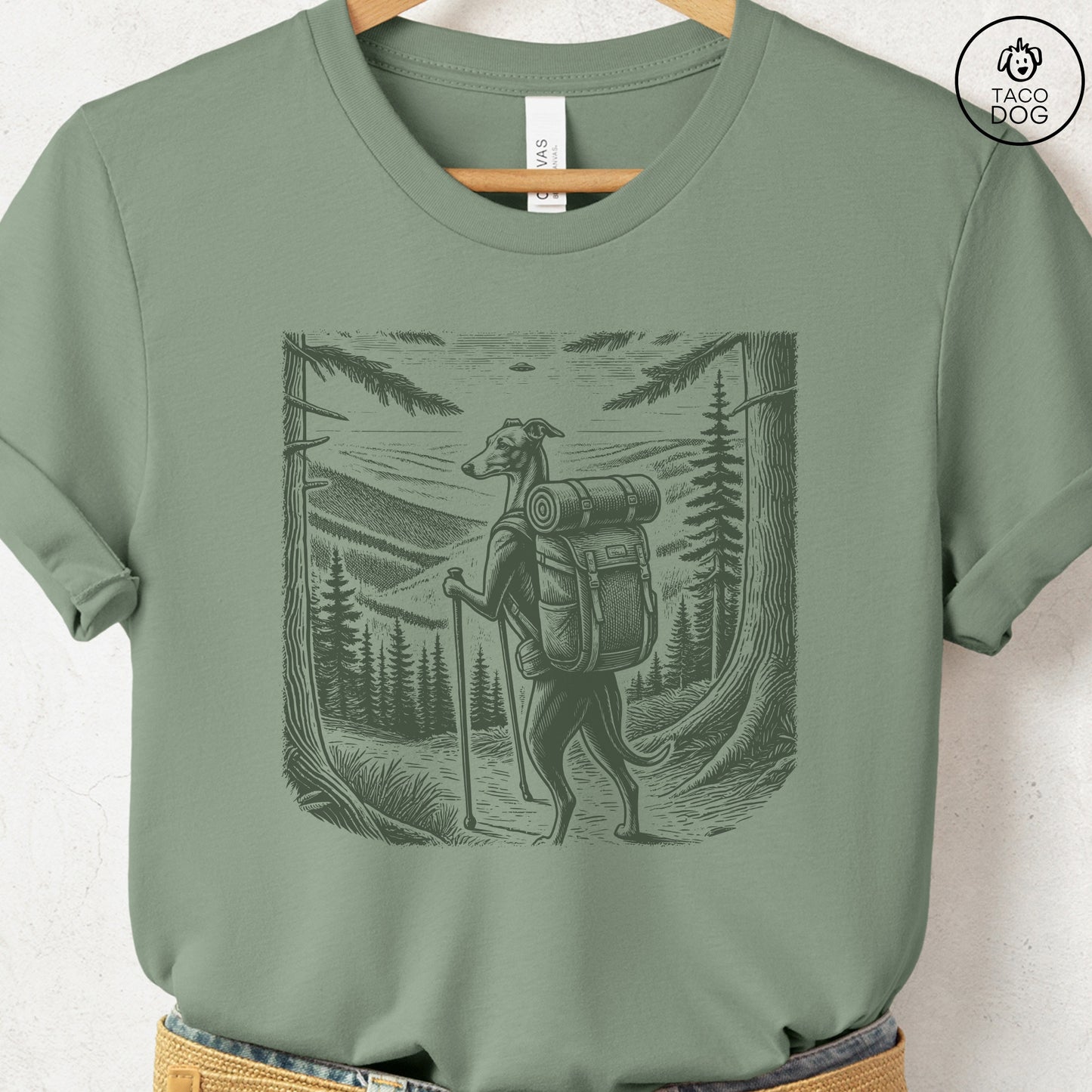 Italian Greyhound Whippet Iggy Hiking T-Shirt Sage Taco-Dog