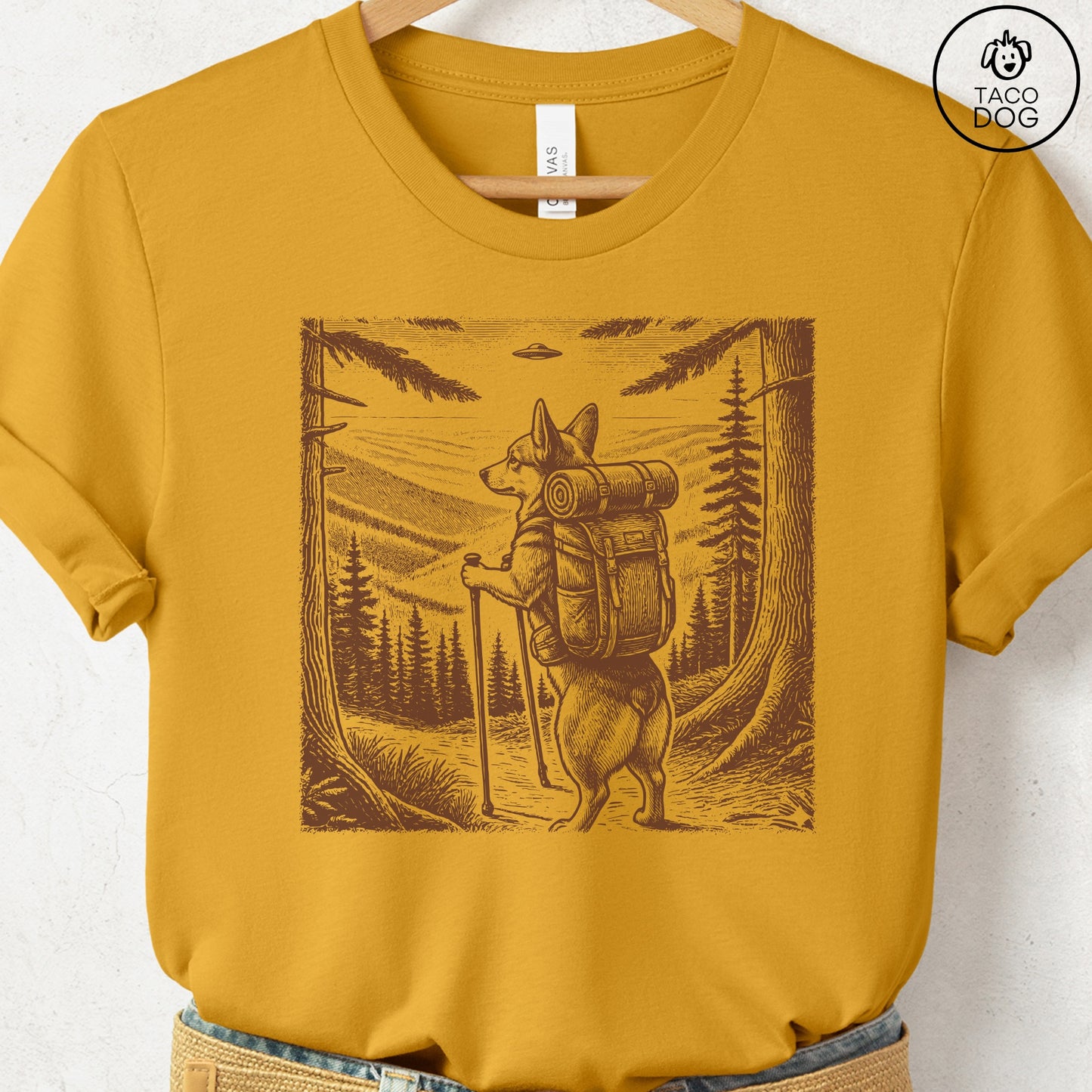 Corgi Hiking T-Shirt Mustard Taco-Dog