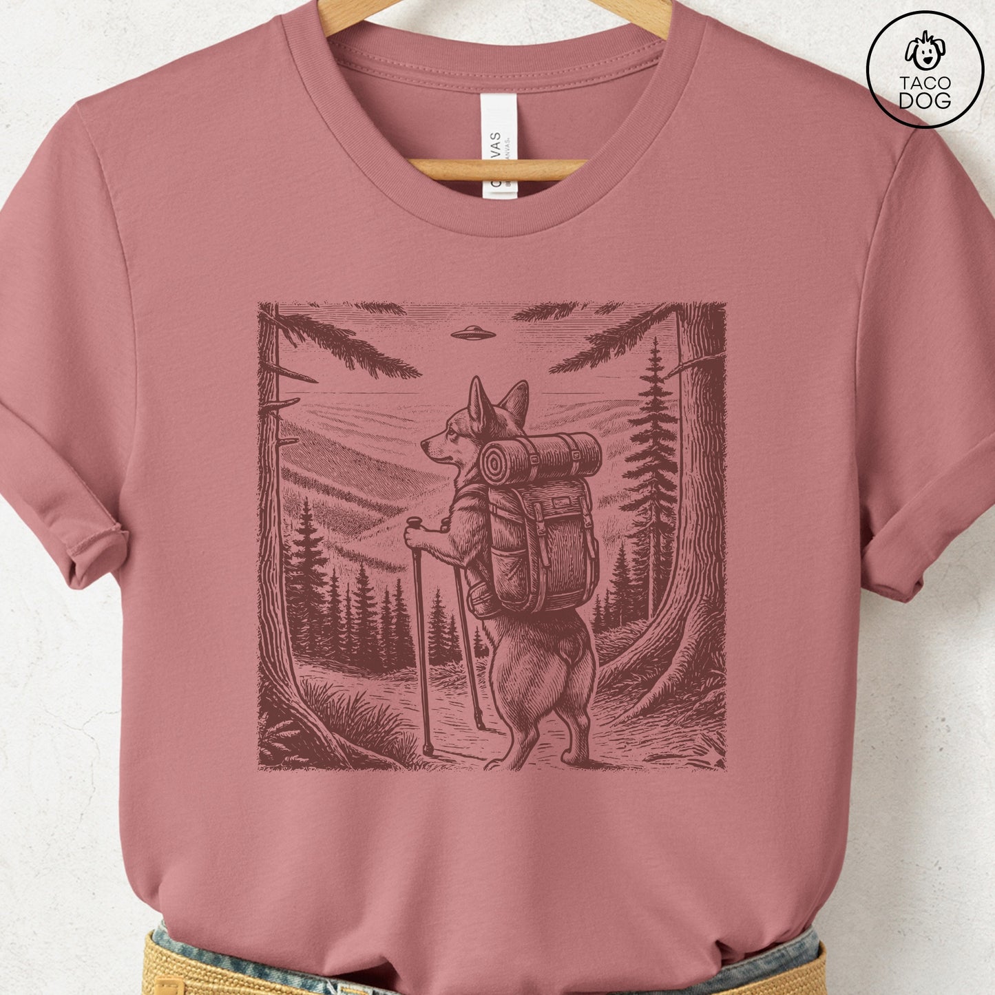 Corgi Hiking T-Shirt Heather Mauve Taco-Dog