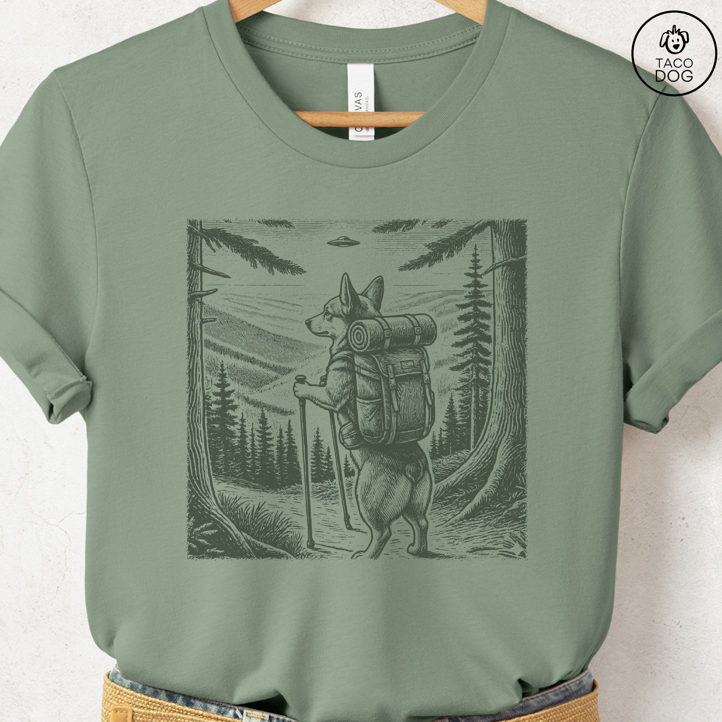 Pug Hiking T-Shirt Sage Taco-Dog