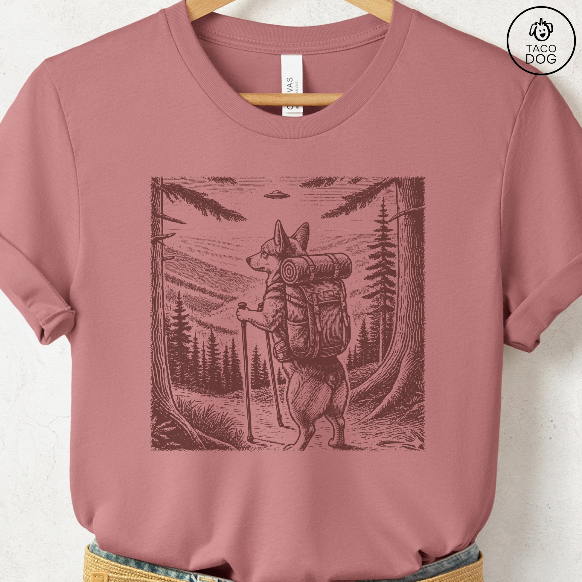 Pug Hiking T-Shirt Heather Mauve Taco-Dog