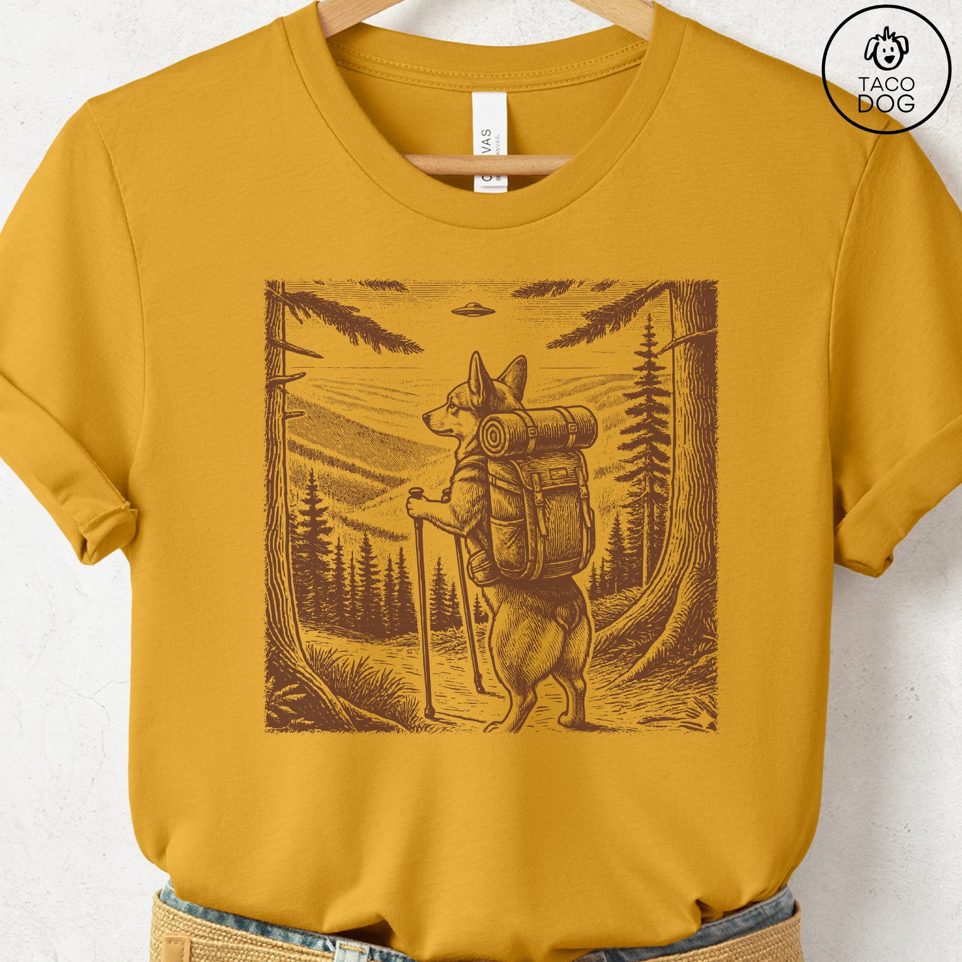 Pug Hiking T-Shirt Mustard Taco-Dog