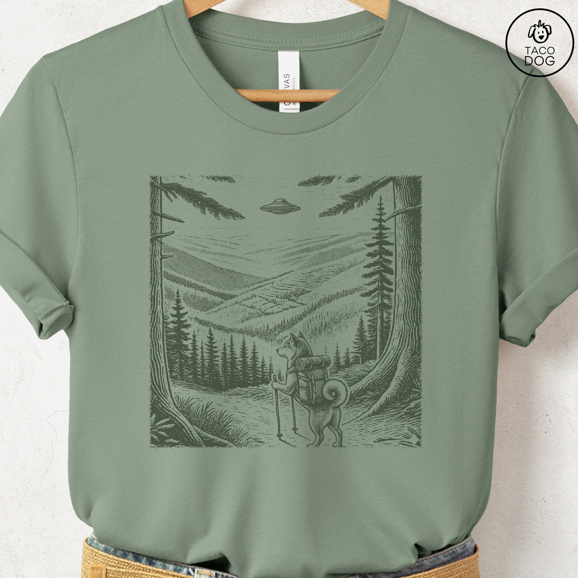 Shiba Inu Hiking T-Shirt Sage Taco-Dog
