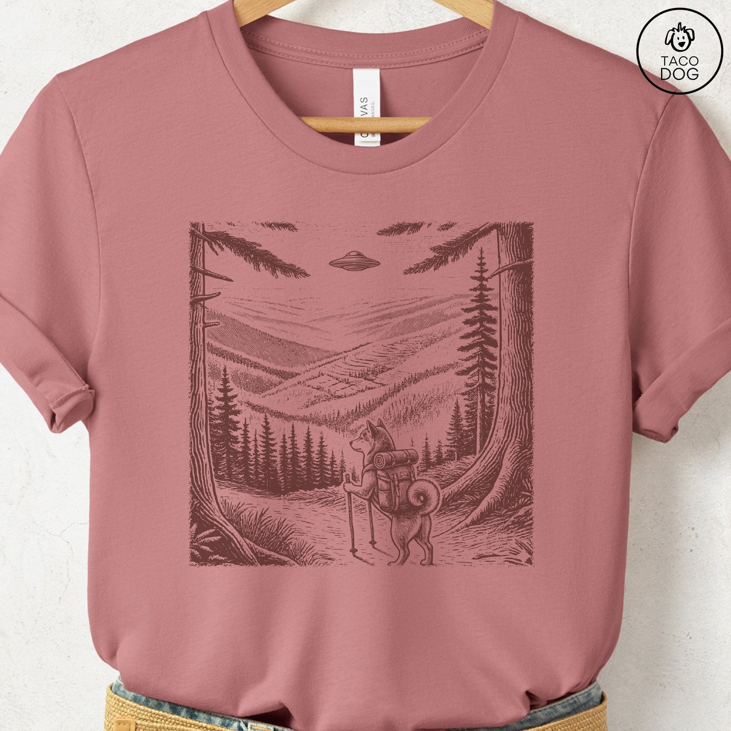 Shiba Inu Hiking T-Shirt Heather Mauve Taco-Dog