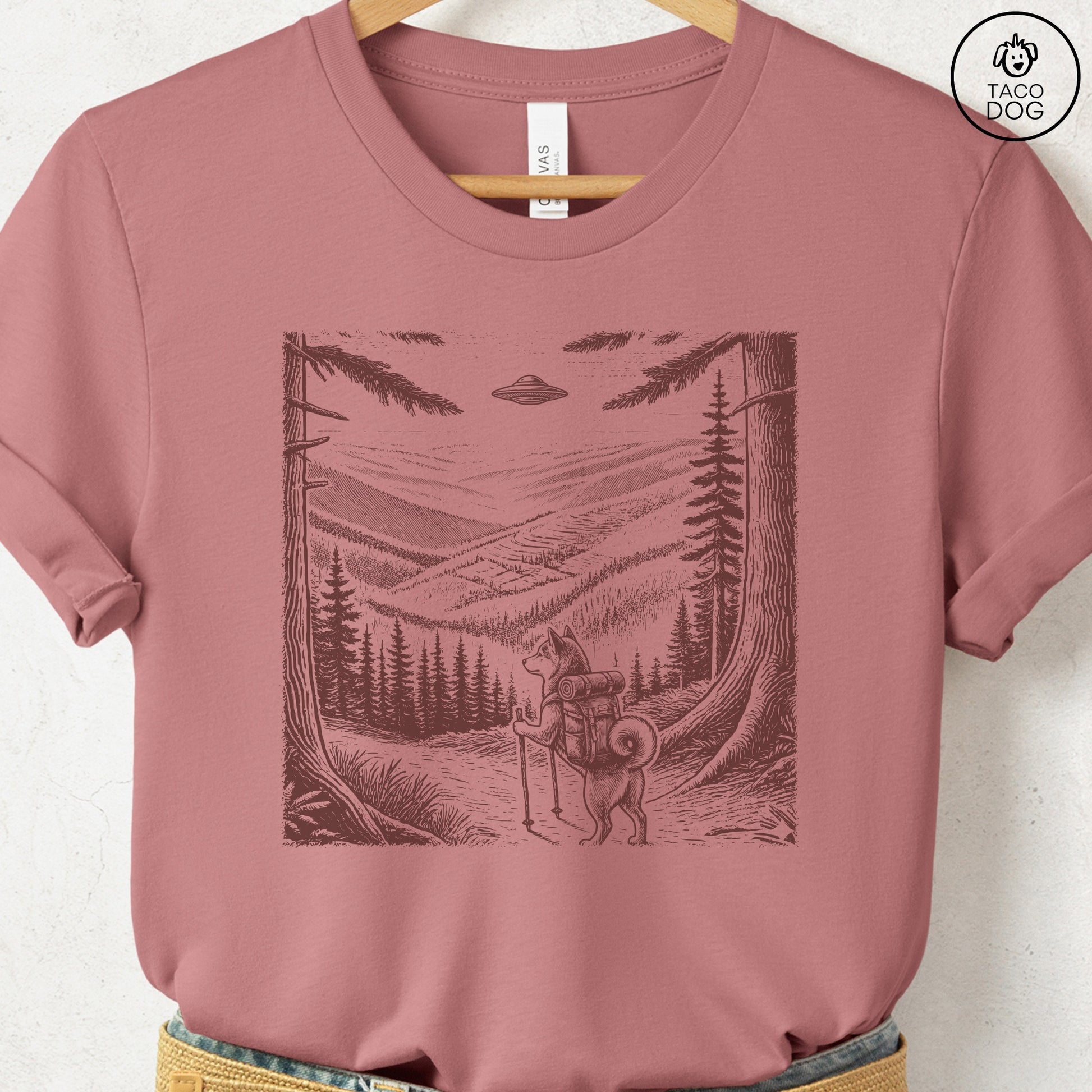 Shiba Inu Hiking T-Shirt Heather Mauve Taco-Dog