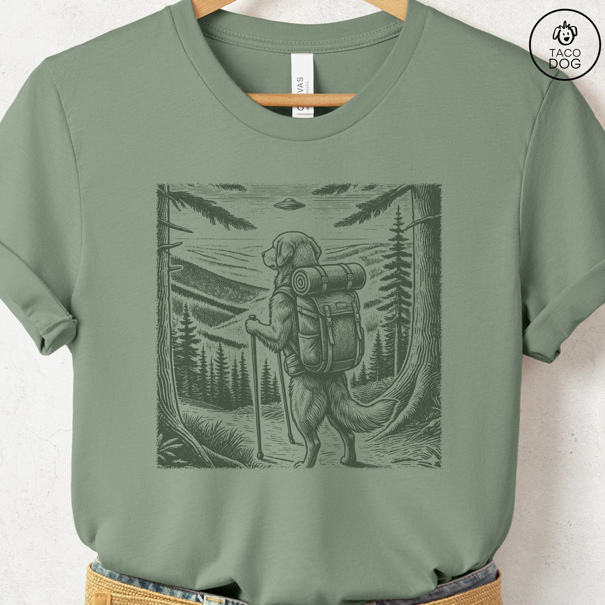 Golden Retriever Hiking T-Shirt Sage Taco-Dog