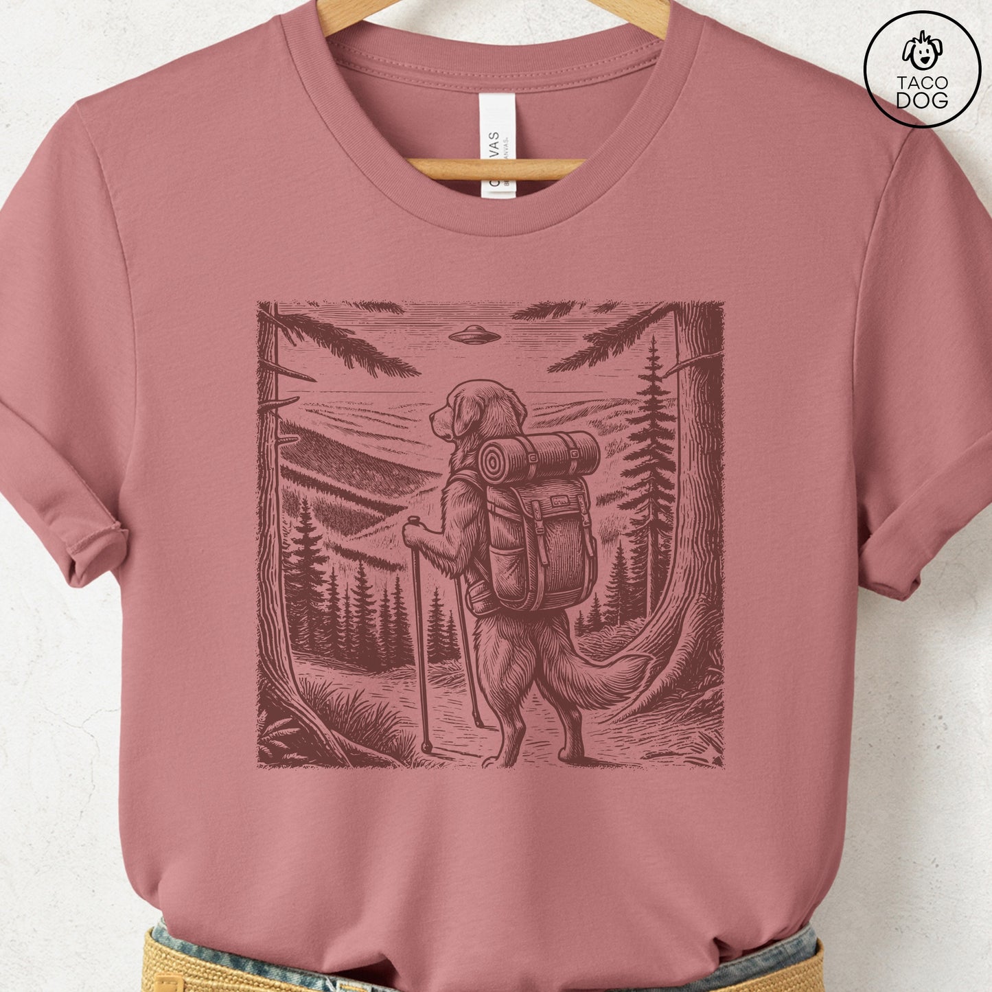 Golden Retriever Hiking T-Shirt Heather Mauve Taco-Dog
