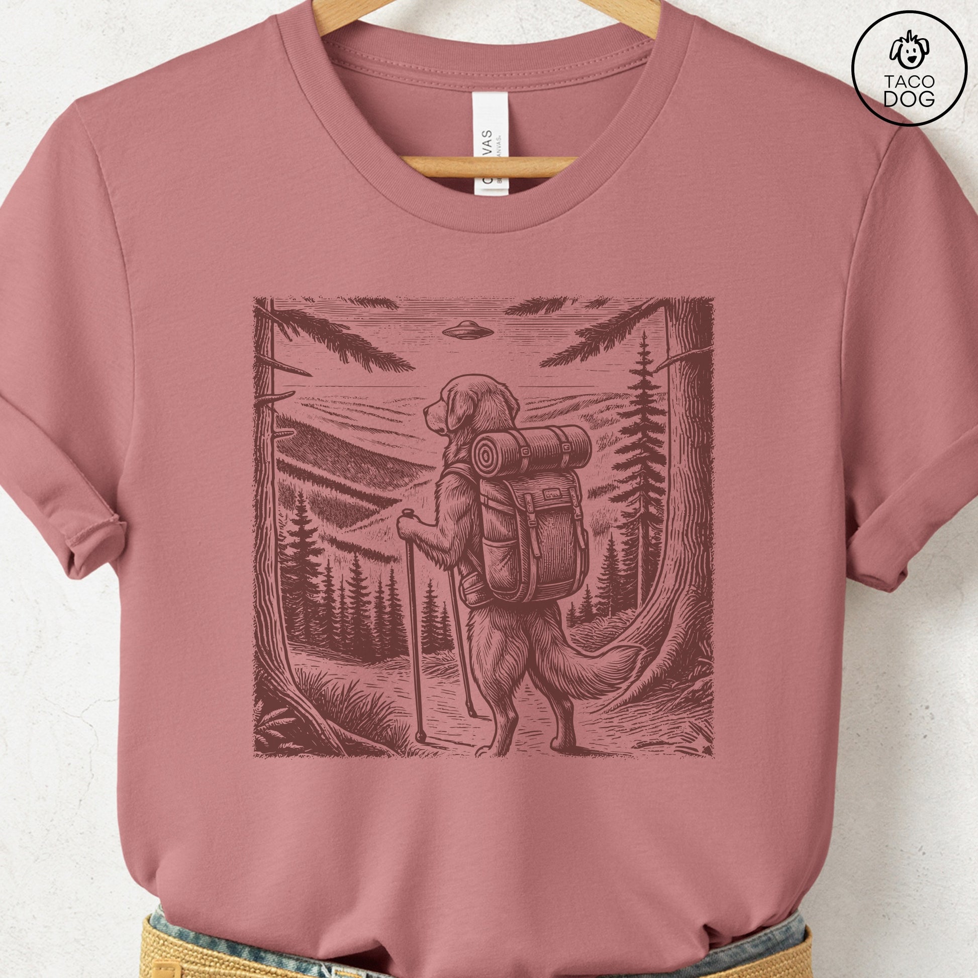Golden Retriever Hiking T-Shirt Heather Mauve Taco-Dog