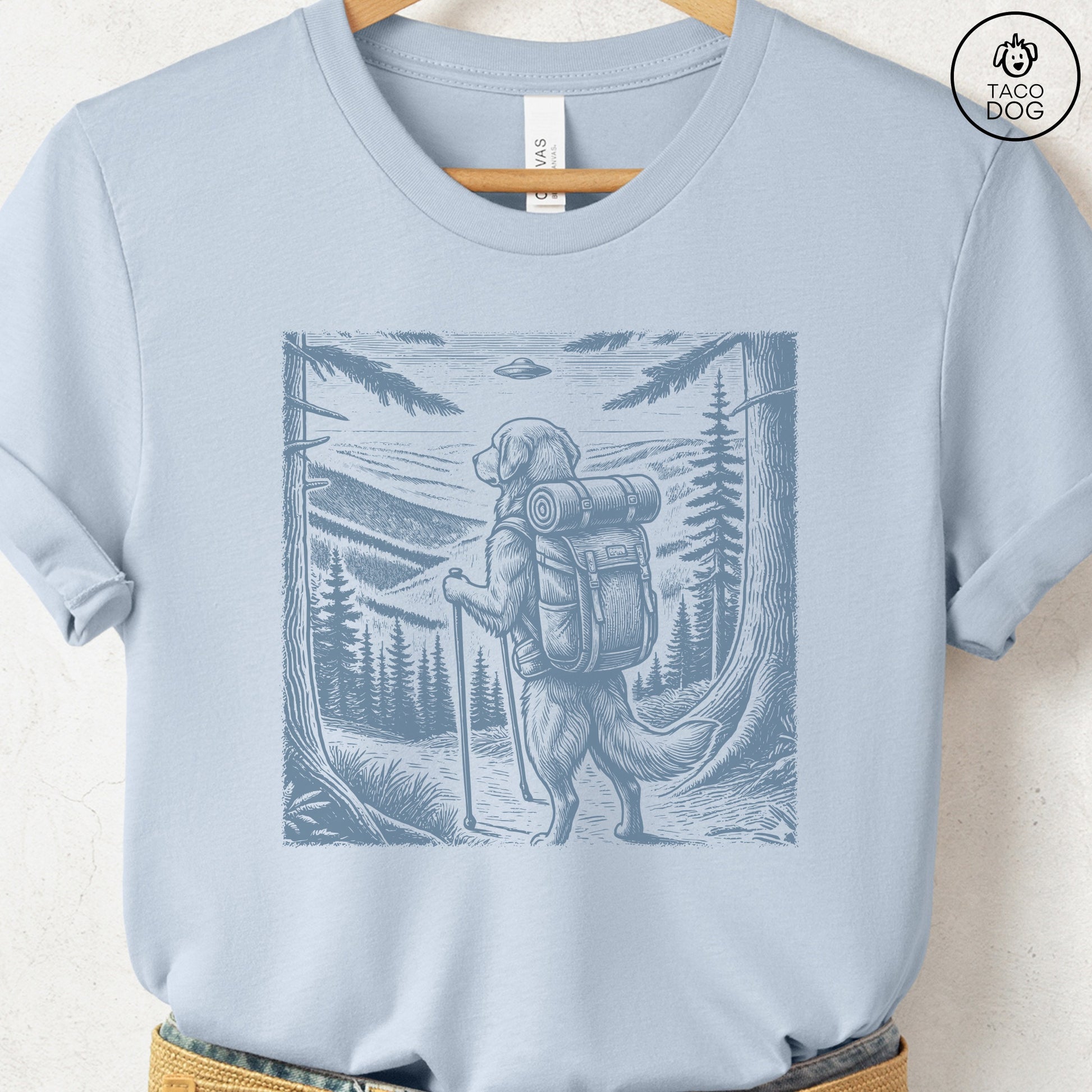 Golden Retriever Hiking T-Shirt Light Blue Taco-Dog