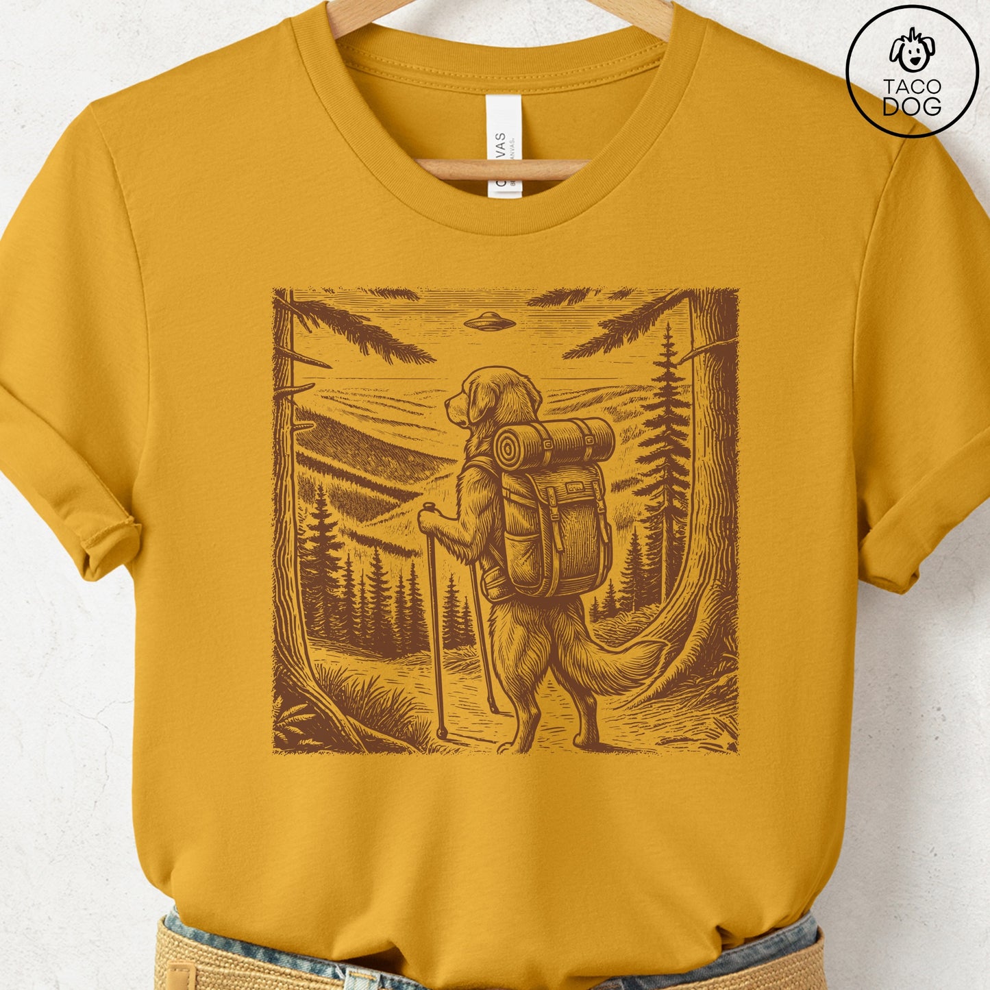 Golden Retriever Hiking T-Shirt Mustard Taco-Dog