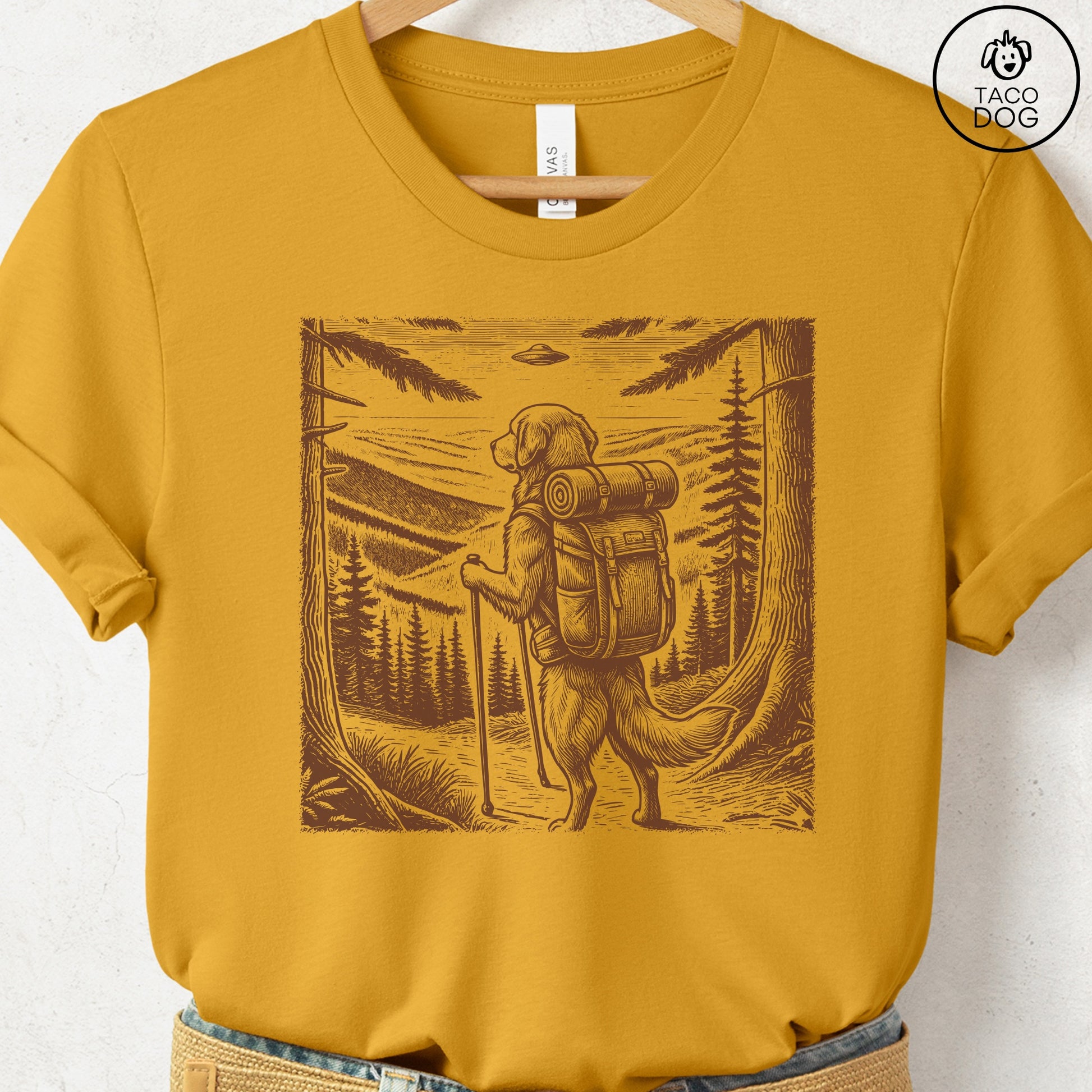 Golden Retriever Hiking T-Shirt Mustard Taco-Dog