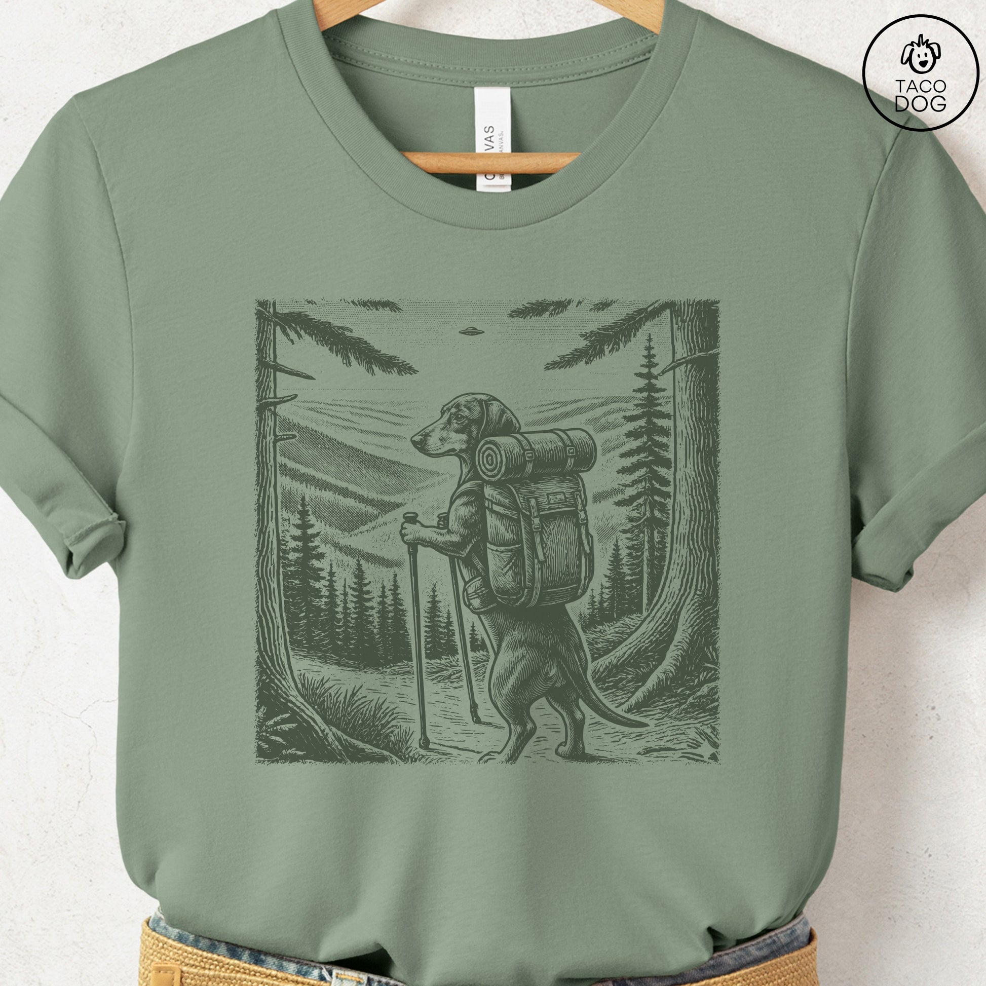 Dachshund Weenie Hiking T-Shirt Sage Taco-Dog
