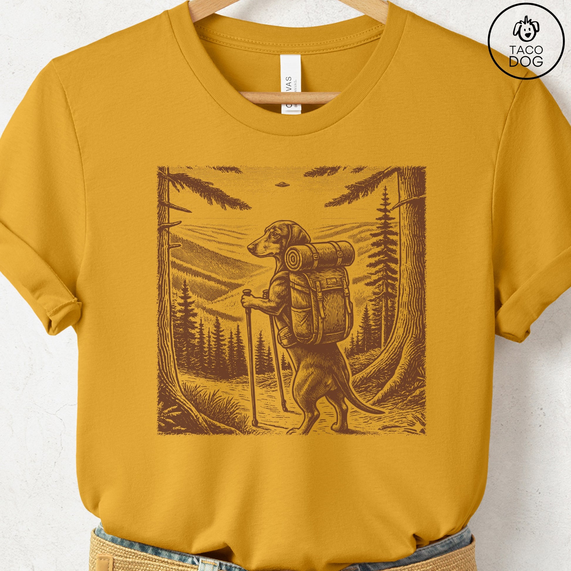 Dachshund Weenie Hiking T-Shirt Mustard Taco-Dog
