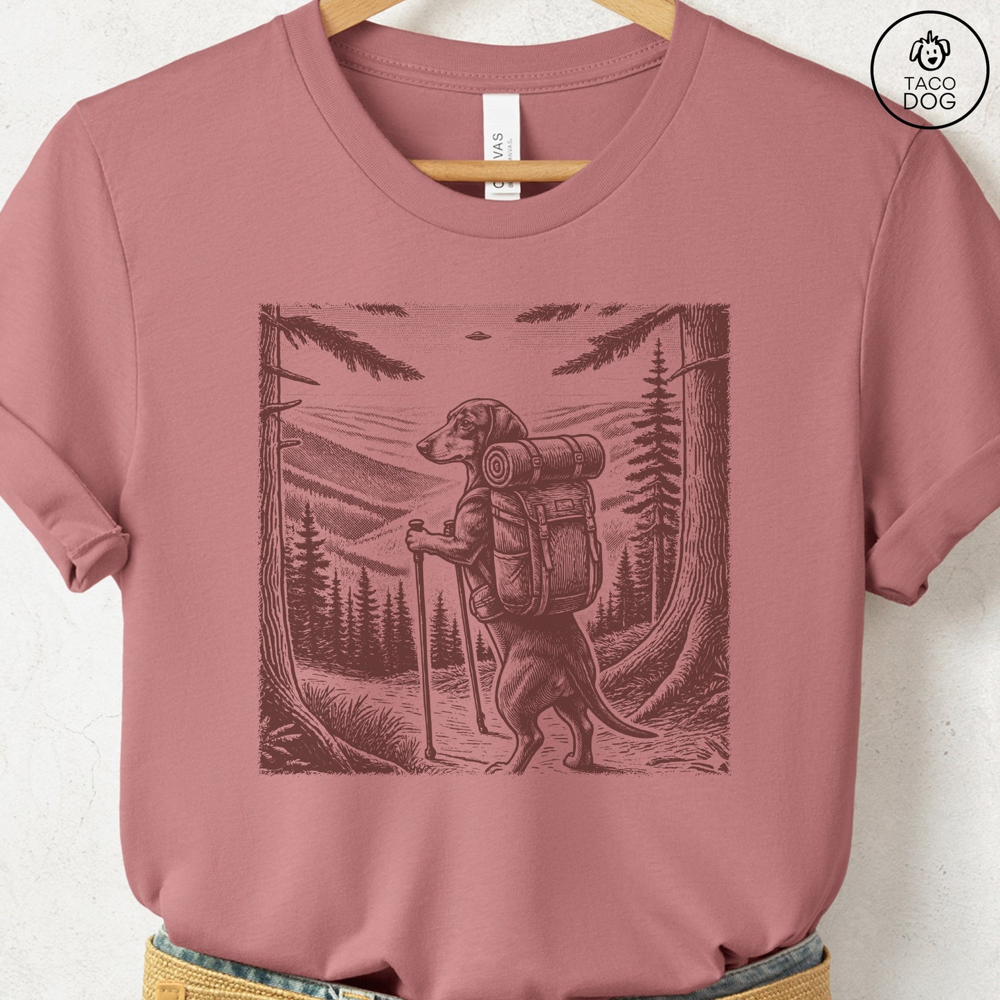 Dachshund Weenie Hiking T-Shirt Heather Mauve Taco-Dog