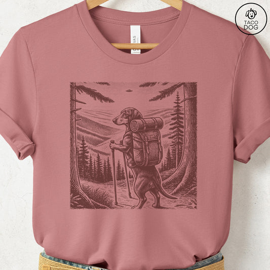 Dachshund Weenie Hiking T-Shirt Heather Mauve Taco-Dog