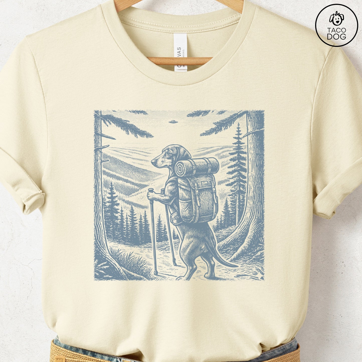 Dachshund Weenie Hiking T-Shirt Natural Taco-Dog