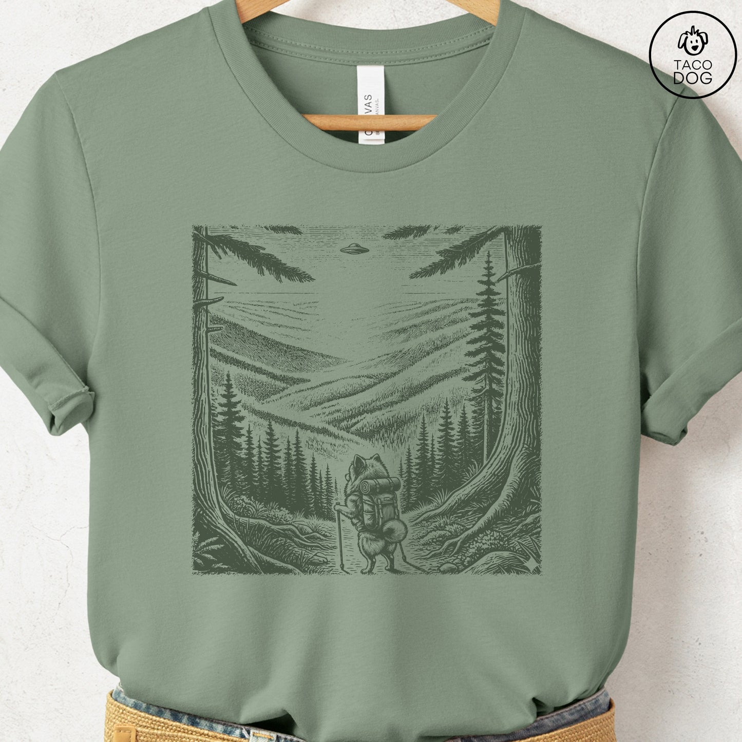 Pomeranian Hiking T-Shirt Sage Taco-Dog