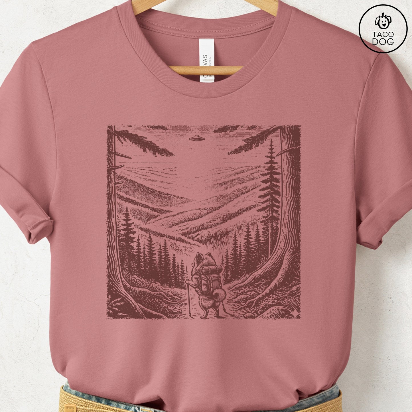 Pomeranian Hiking T-Shirt Heather Mauve Taco-Dog