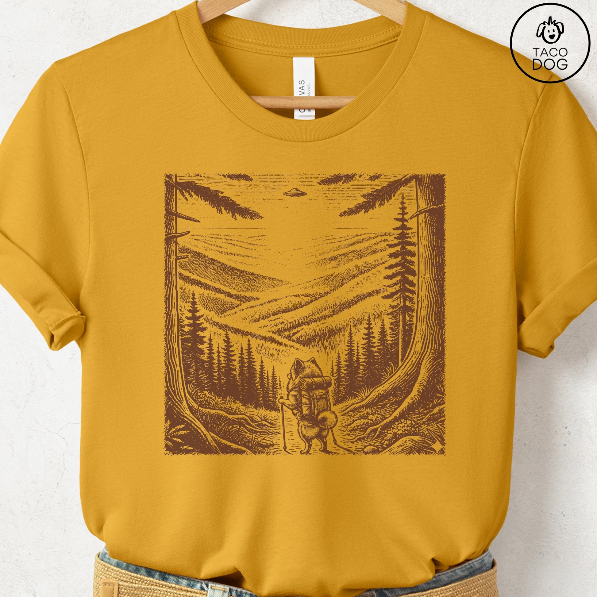 Pomeranian Hiking T-Shirt Mustard Taco-Dog