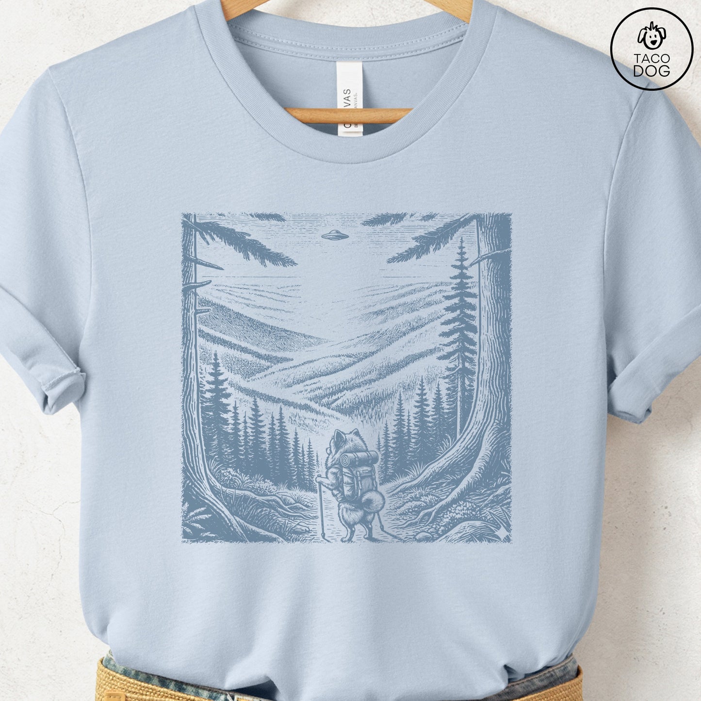 Pomeranian Hiking T-Shirt Light Blue Taco-Dog