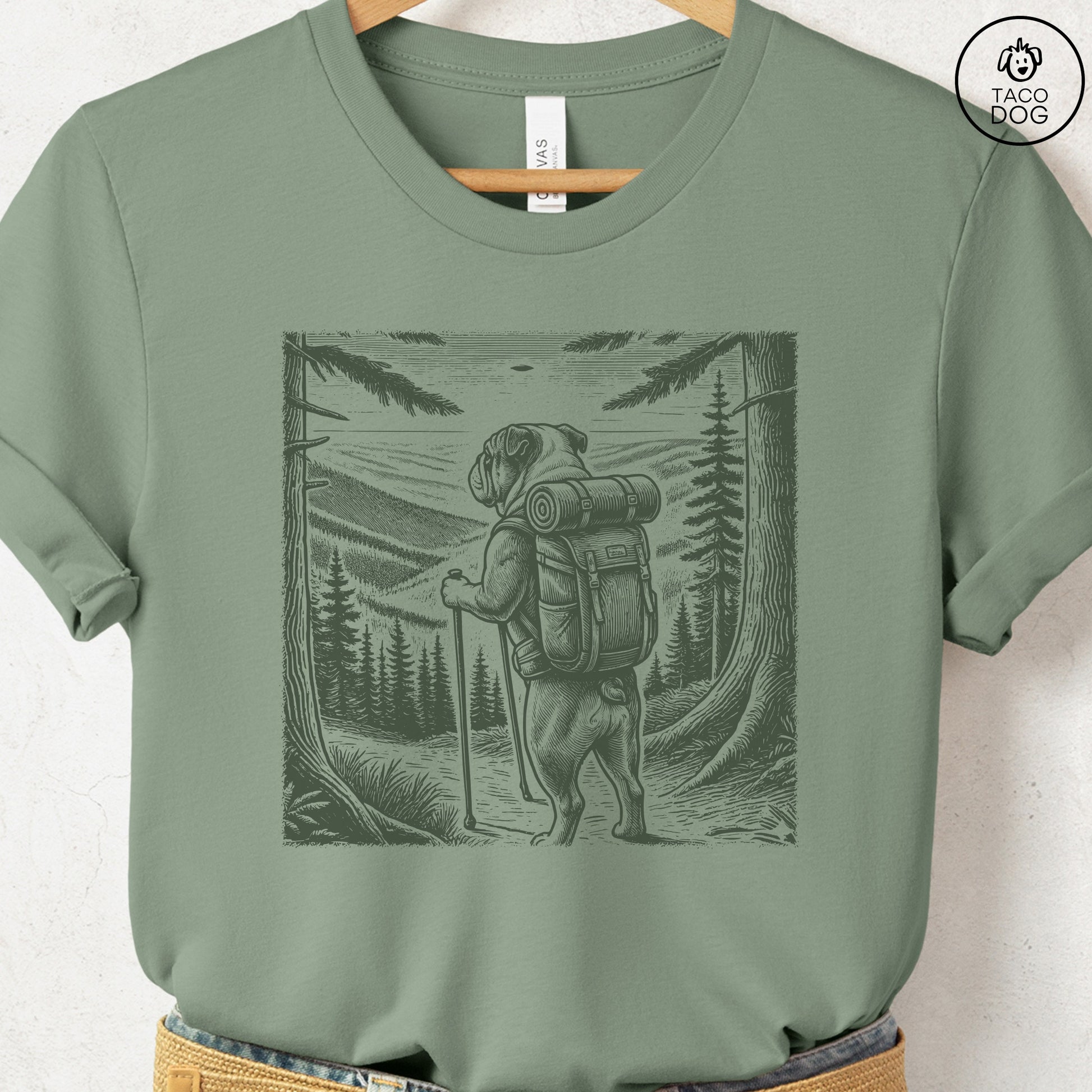 English Bulldog Hiking T-Shirt Sage Taco-Dog