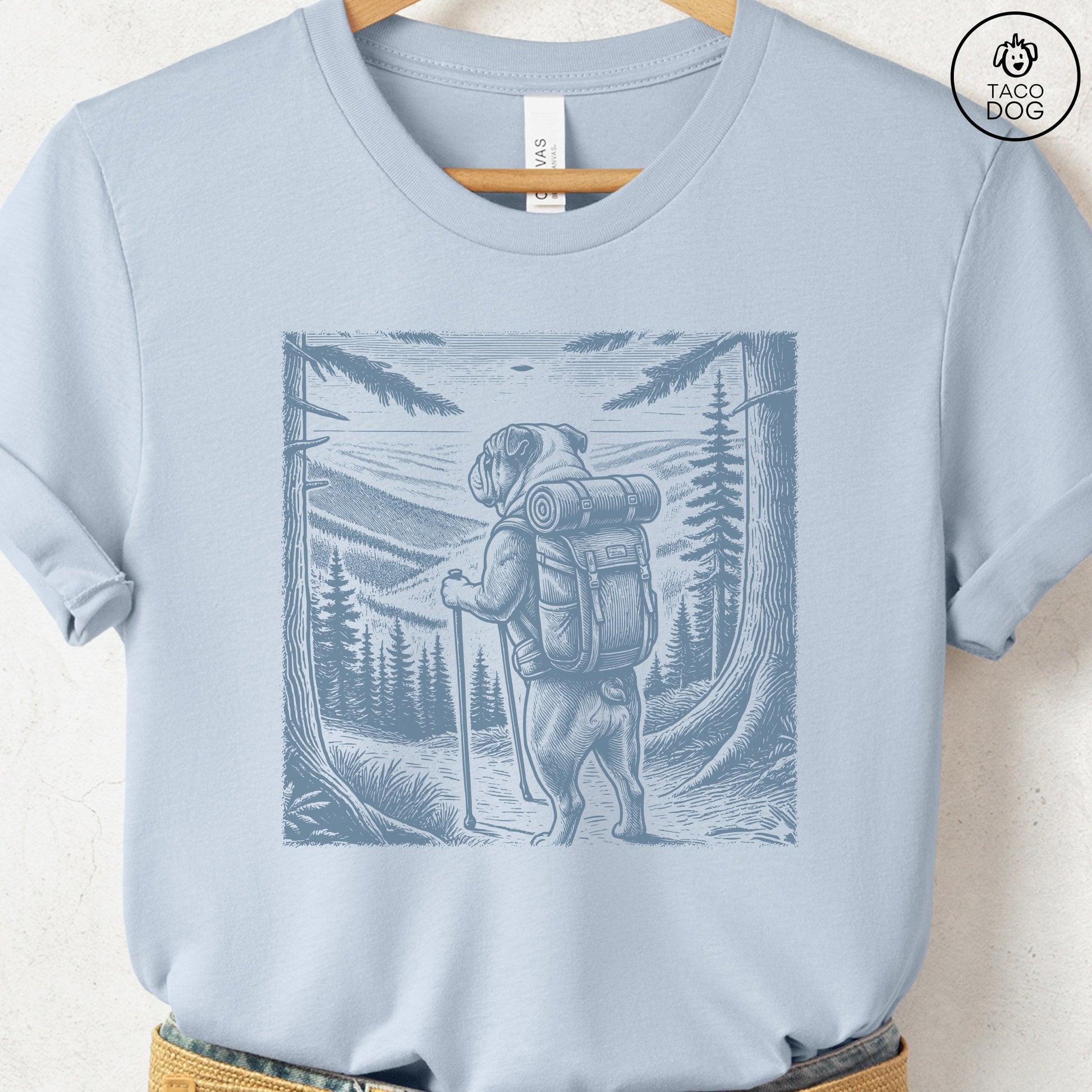 English Bulldog Hiking T-Shirt Light Blue Taco-Dog