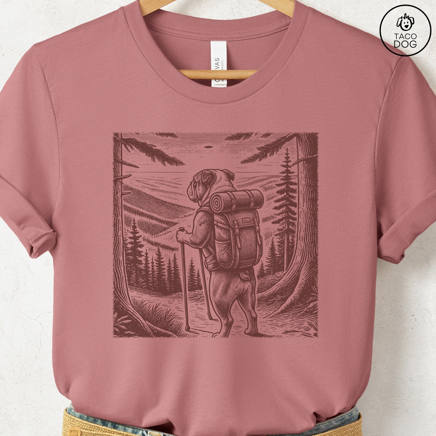 English Bulldog Hiking T-Shirt Heather Mauve Taco-Dog