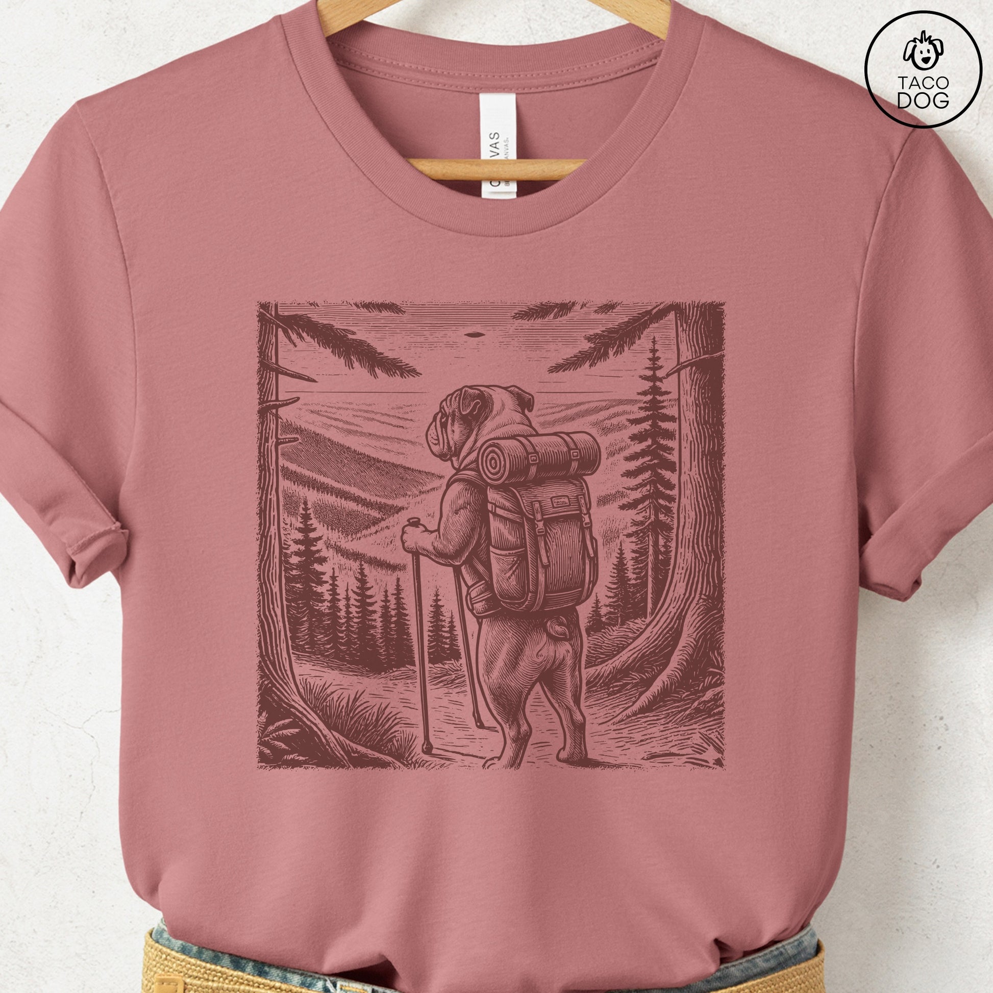 English Bulldog Hiking T-Shirt Heather Mauve Taco-Dog