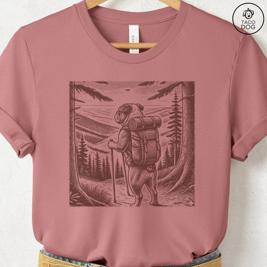 English Bulldog Hiking T-Shirt Heather Mauve Taco-Dog