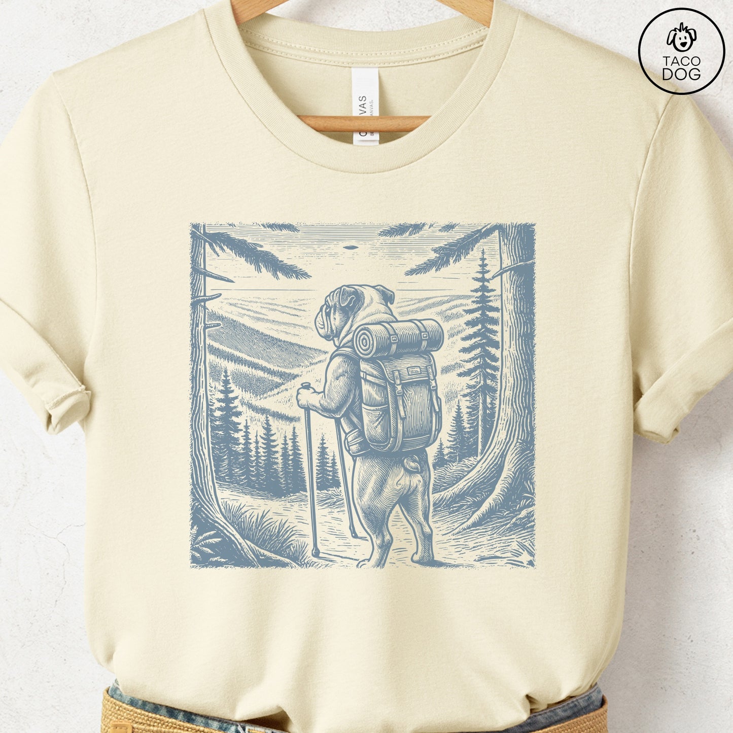 English Bulldog Hiking T-Shirt Natural Taco-Dog