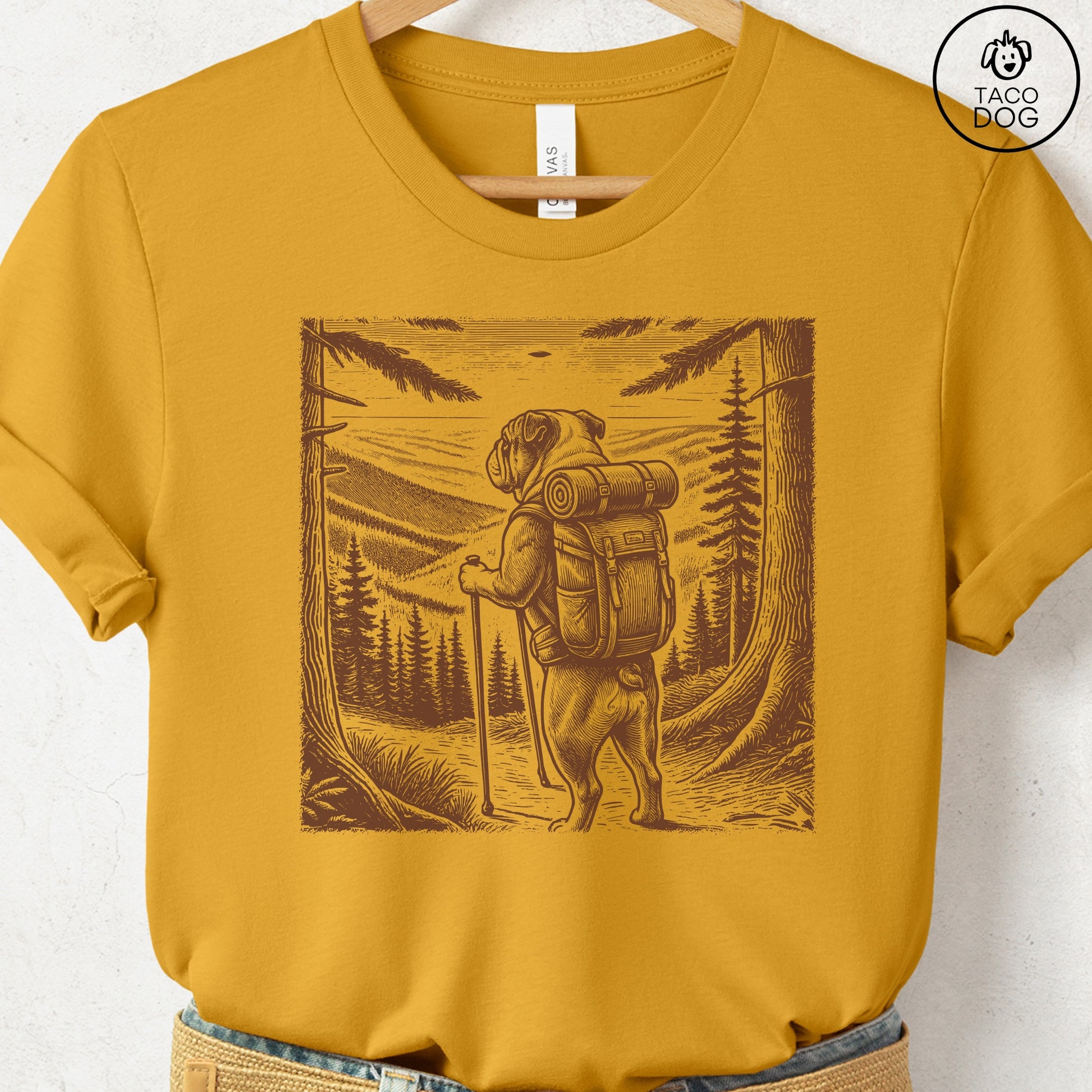 English Bulldog Hiking T-Shirt Mustard Taco-Dog