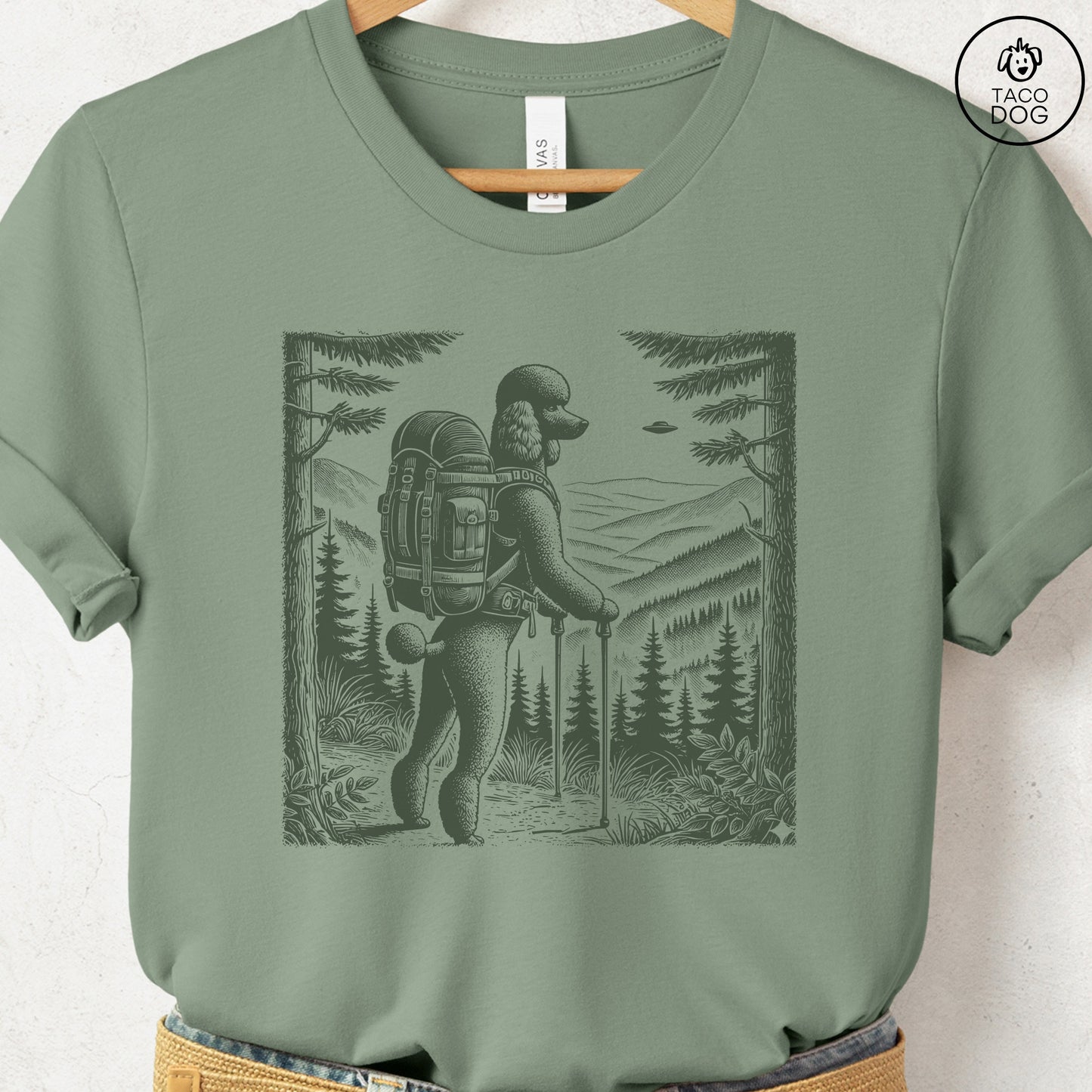 Poodle Hiking T-Shirt Sage Taco-Dog