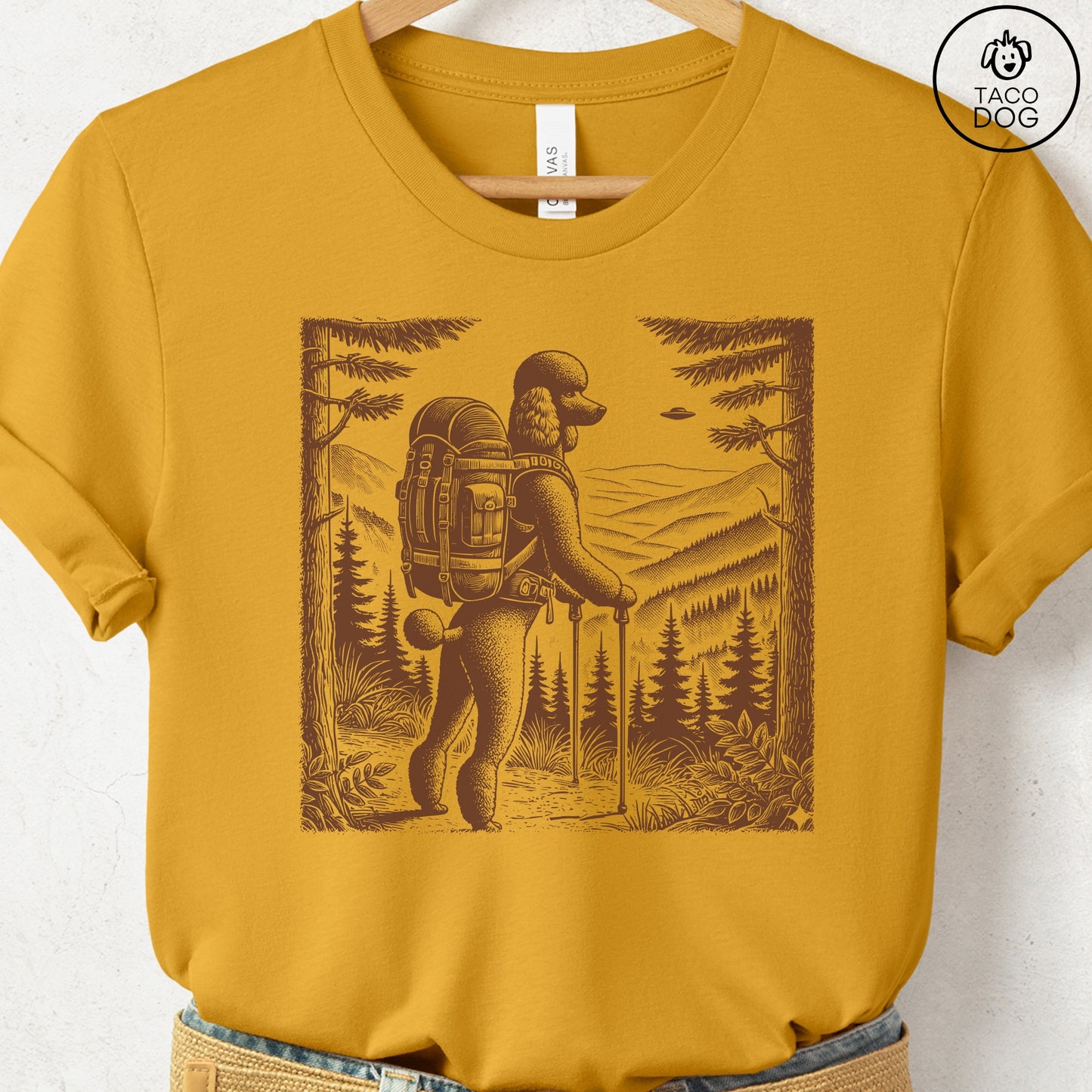 Poodle Hiking T-Shirt Mustard Taco-Dog