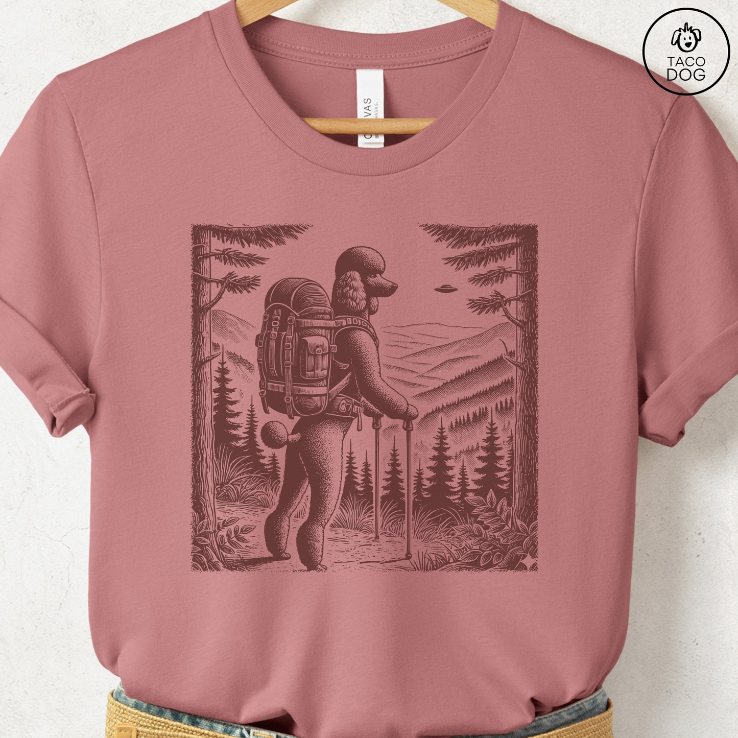 Poodle Hiking T-Shirt Heather Mauve Taco-Dog