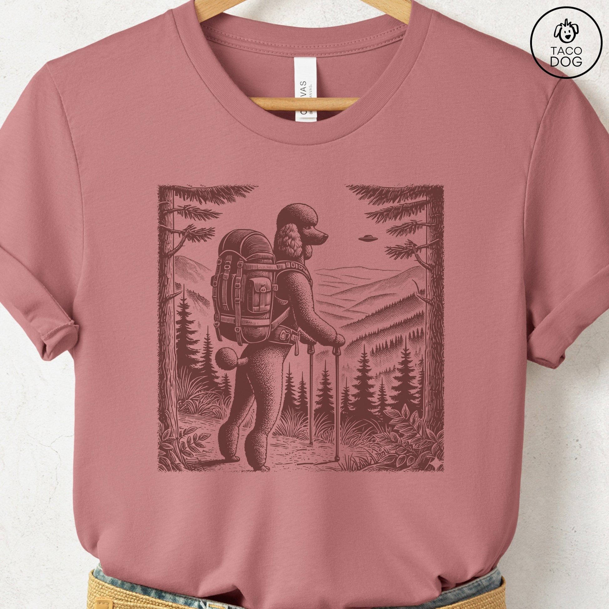 Poodle Hiking T-Shirt Heather Mauve Taco-Dog