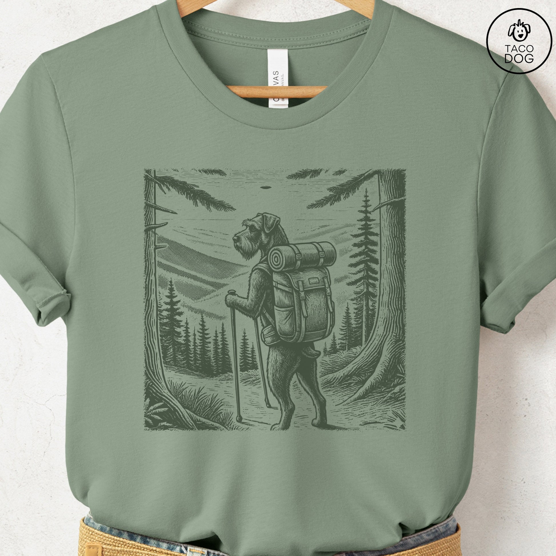 Schnauzer Hiking T-Shirt Sage Taco-Dog